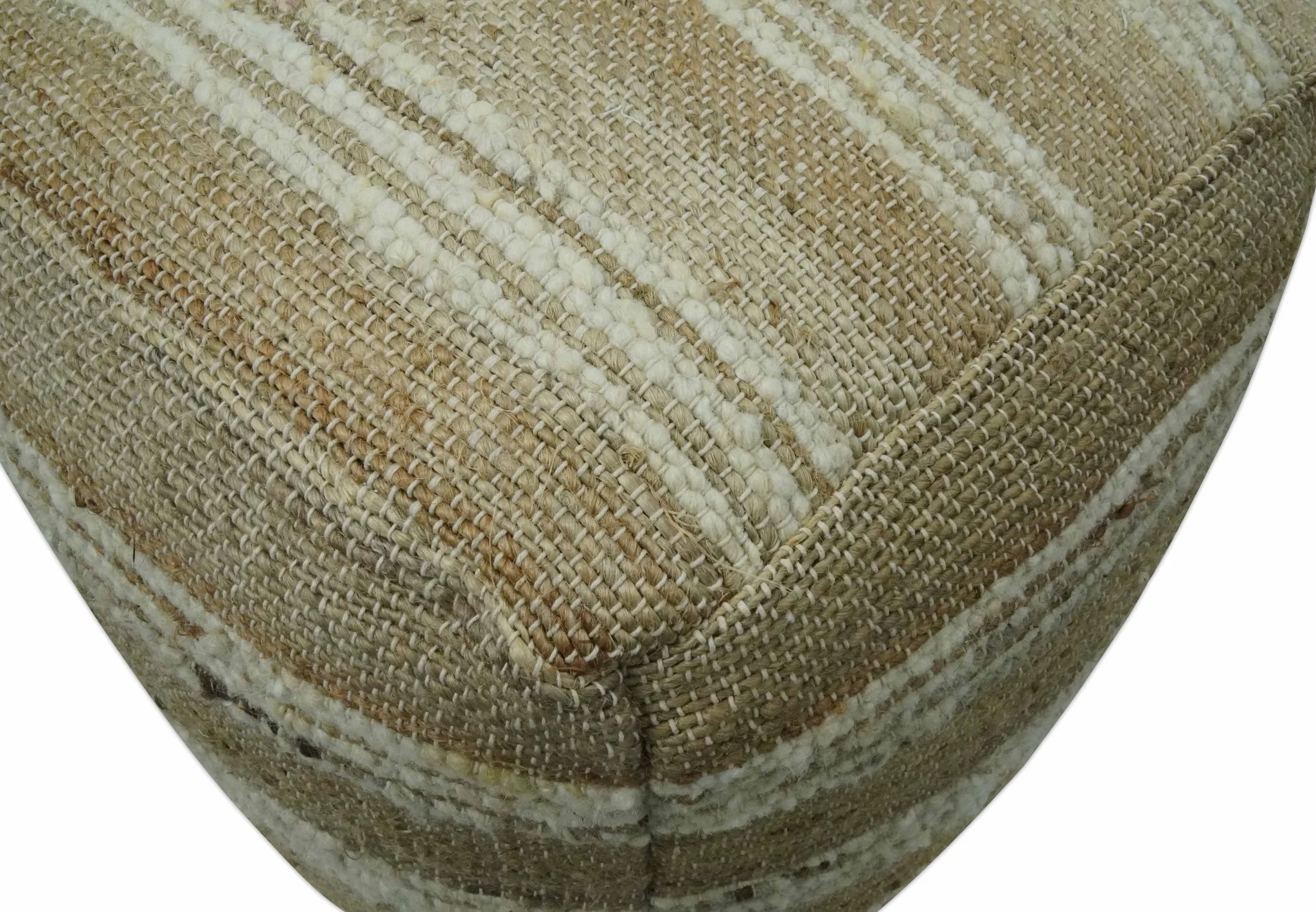 Hand Woven Beige and Ivory Stripes Design tassel Jute and wool Pouf - Image 5