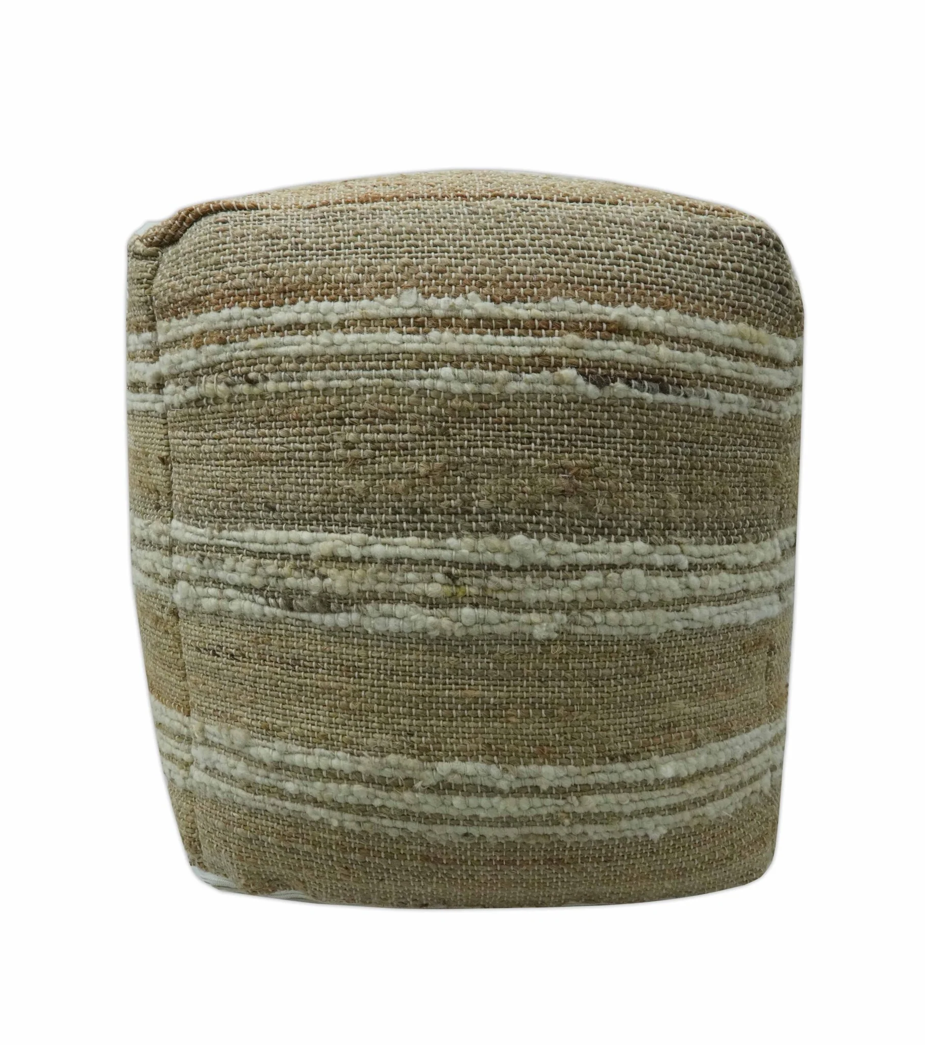 Hand Woven Beige and Ivory Stripes Design tassel Jute and wool Pouf - Image 6