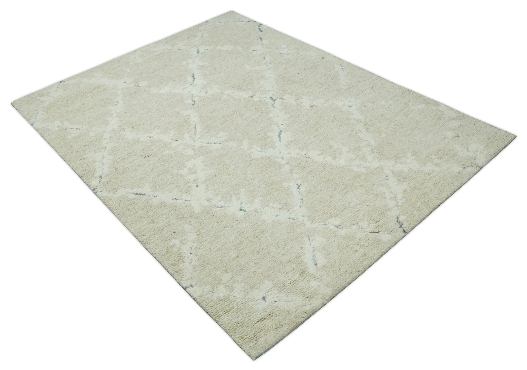 Beige and Ivory Traditional Hand Knotted 8x10 Geometrical Pattern Wool Area Rug - Image 9