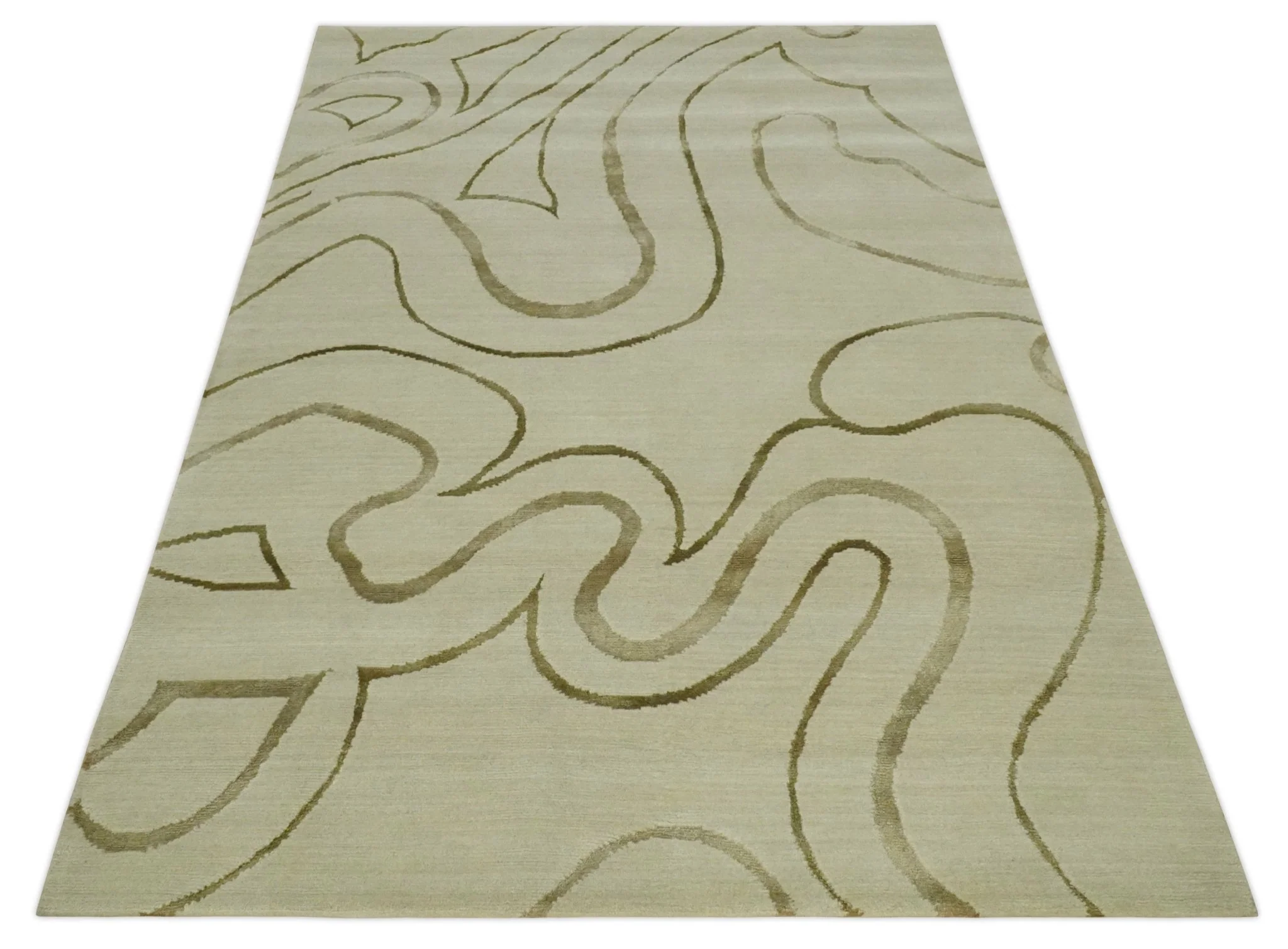 Beige and Olive Snake Design Handloom 5.x8.6 wool and art Silk Area Rug - Image 10