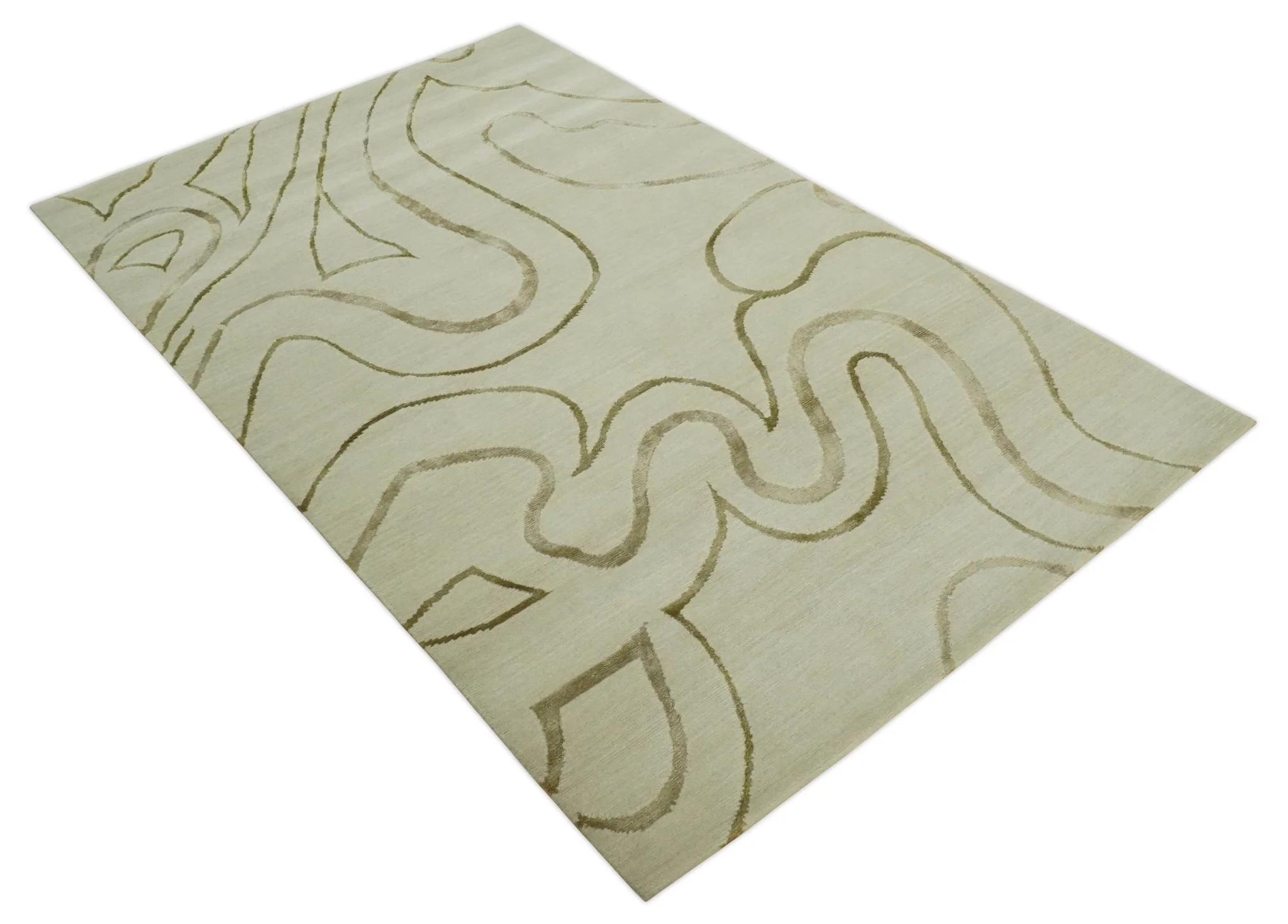 Beige and Olive Snake Design Handloom 5.x8.6 wool and art Silk Area Rug - Image 9