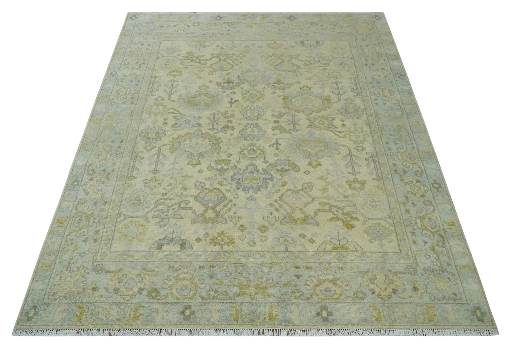 Neutral Beige and silver 8x10 Traditional Antique Finish Hand knotted Wool Area Rug - Image 10