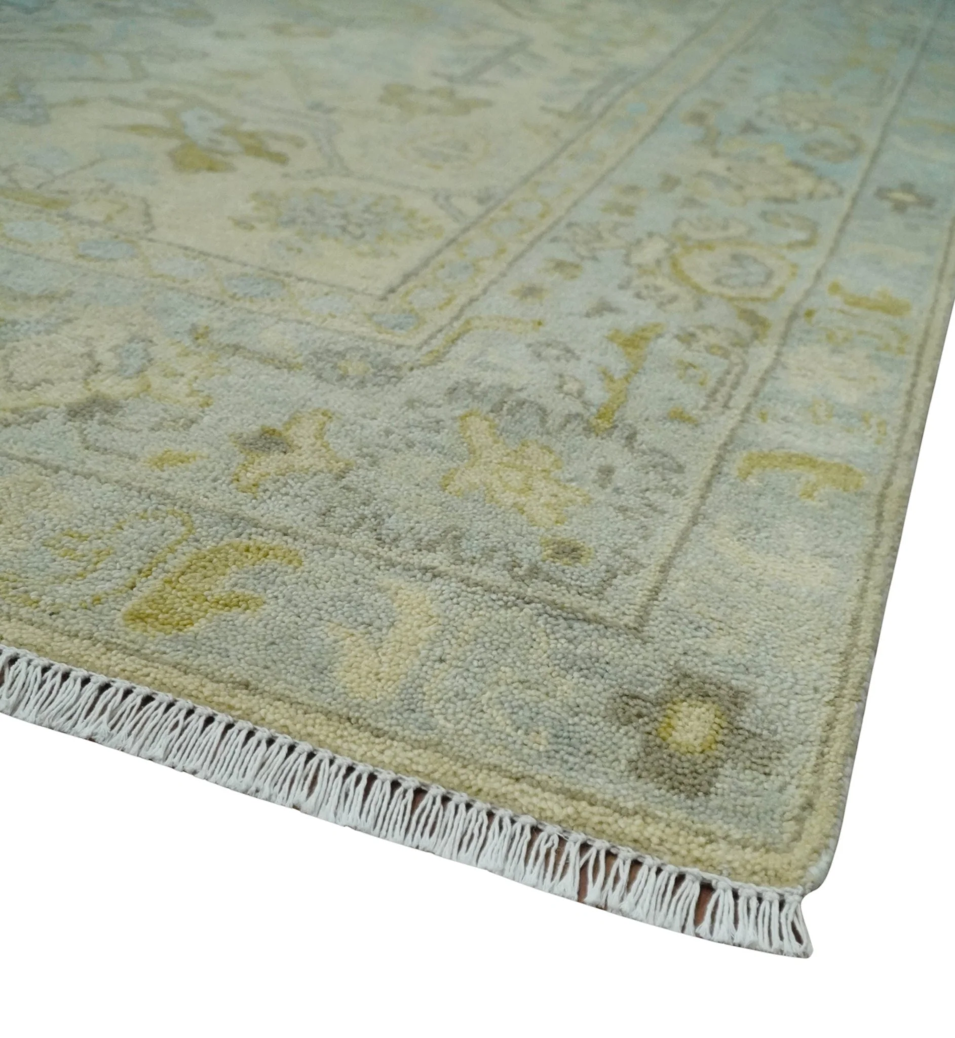 Neutral Beige and silver 8x10 Traditional Antique Finish Hand knotted Wool Area Rug - Image 5