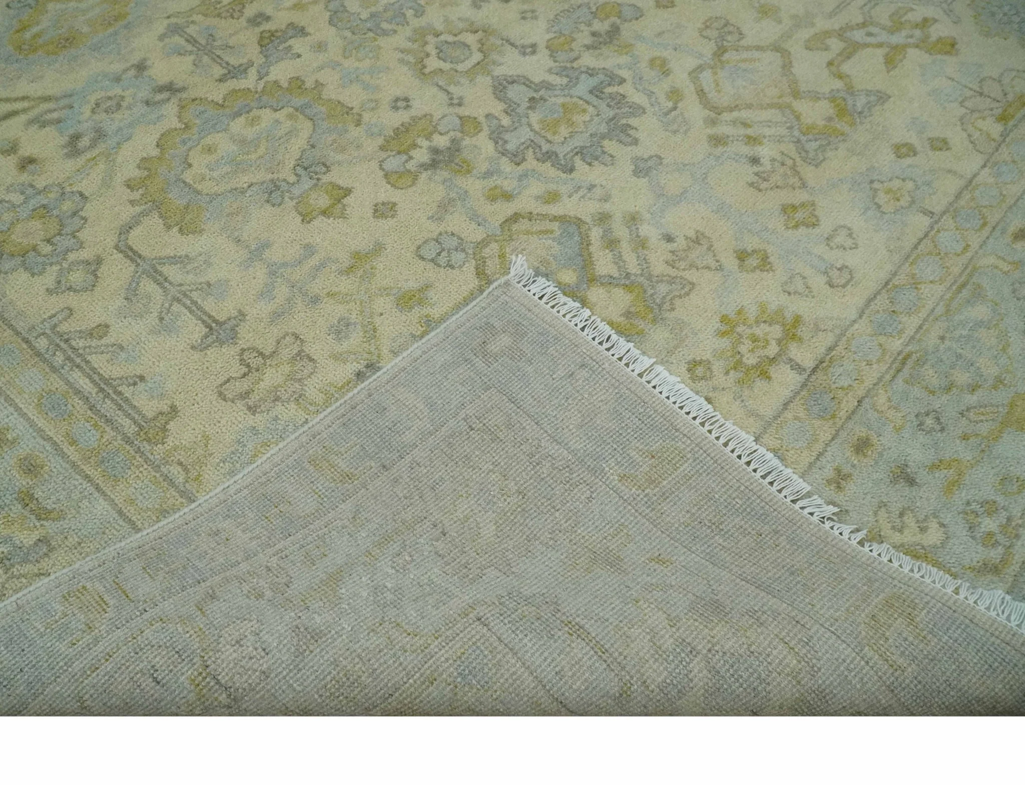 Neutral Beige and silver 8x10 Traditional Antique Finish Hand knotted Wool Area Rug - Image 7