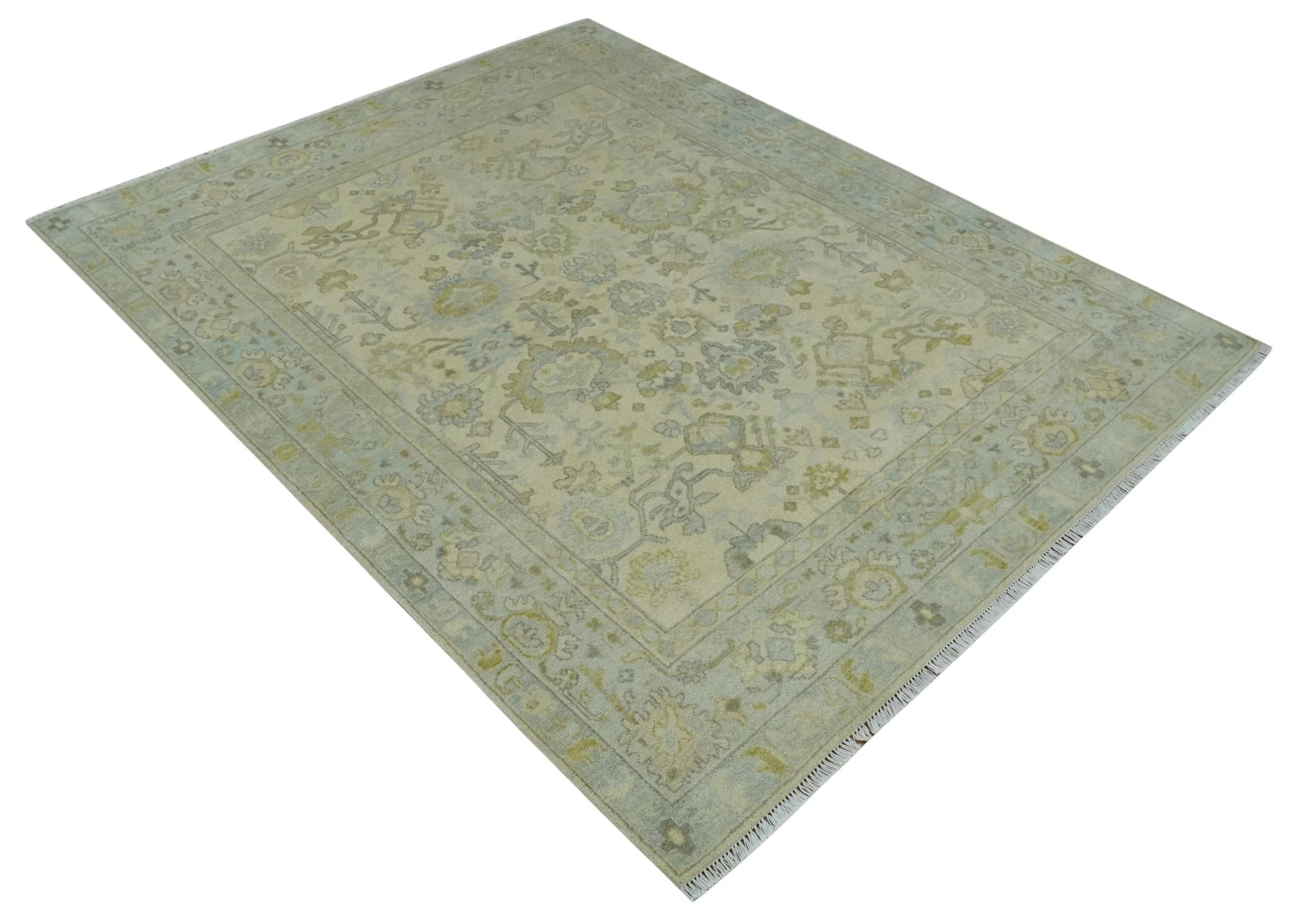 Neutral Beige and silver 8x10 Traditional Antique Finish Hand knotted Wool Area Rug - Image 9
