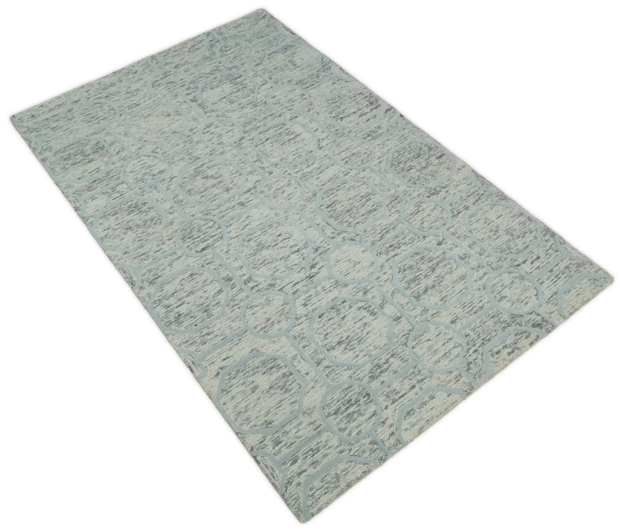 Beige and Silver Hand Hooked Modern Wool Area Rug - Image 8
