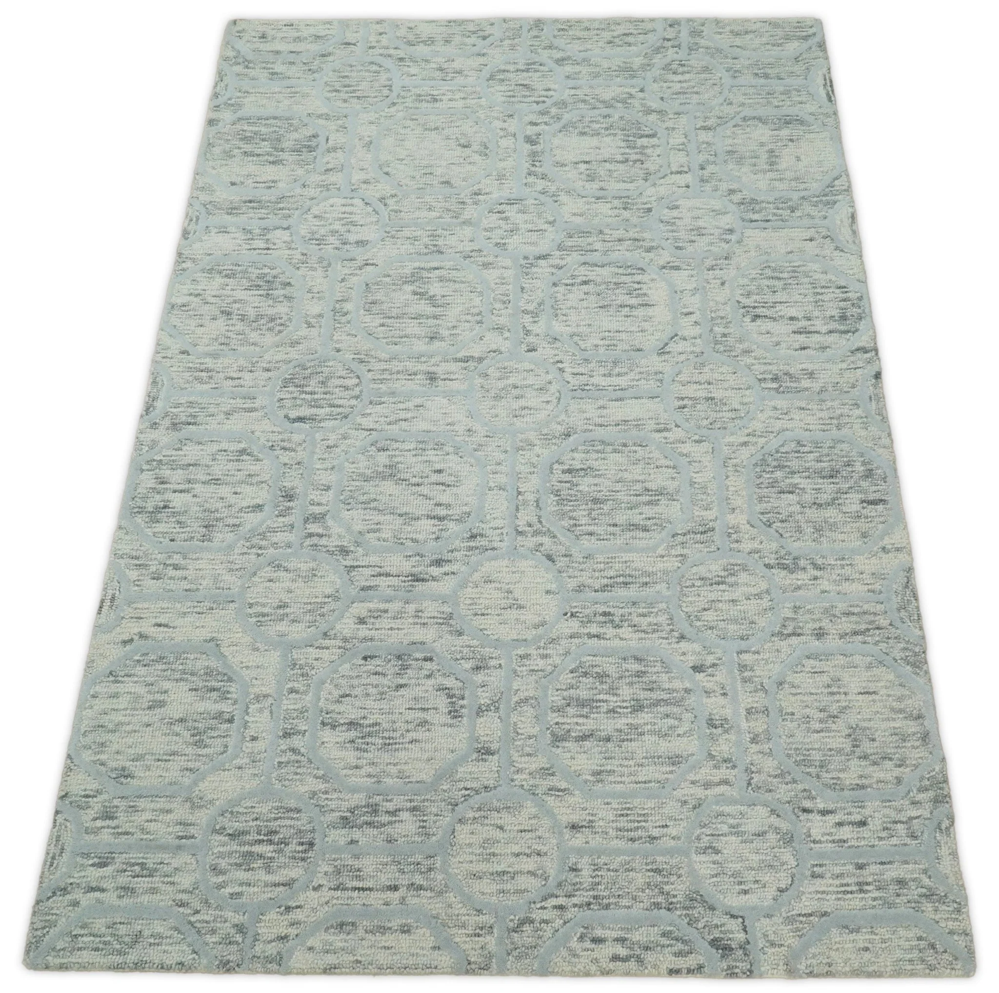 Beige and Silver Hand Hooked Modern Wool Area Rug - Image 9