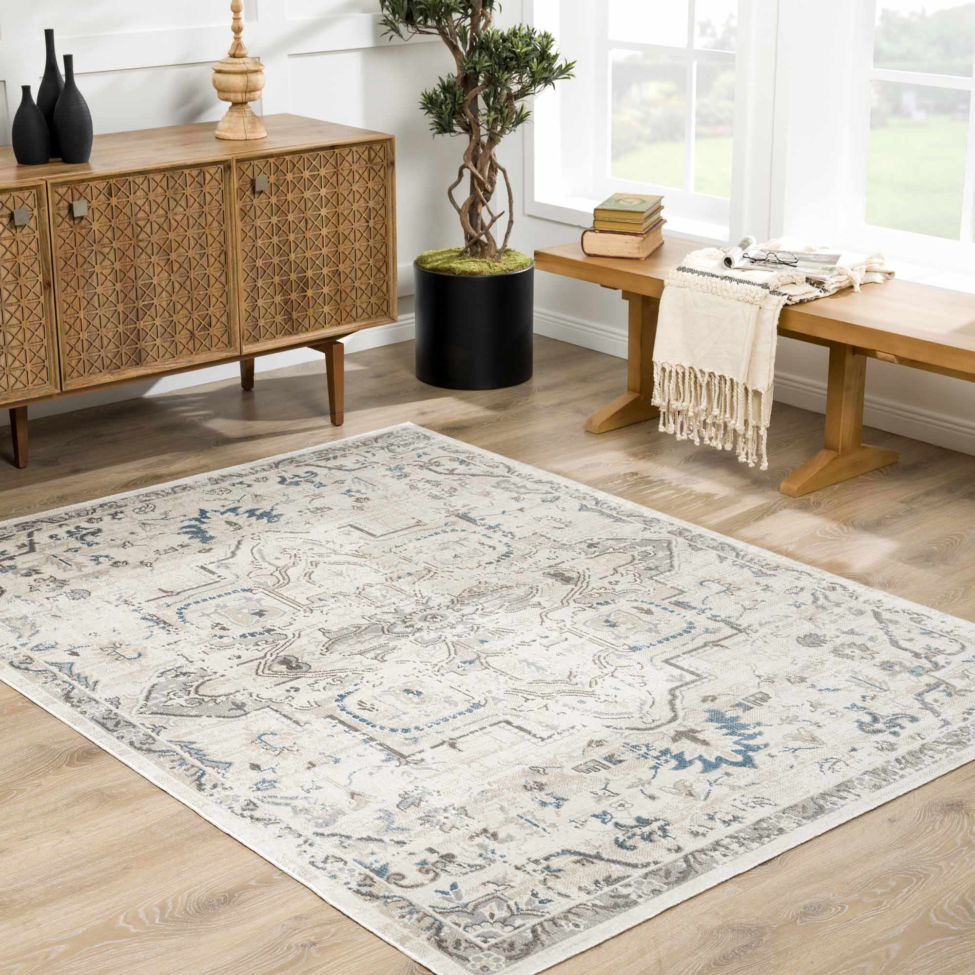 Beige and Taupe Traditional Medallion washable area rug - Image 2