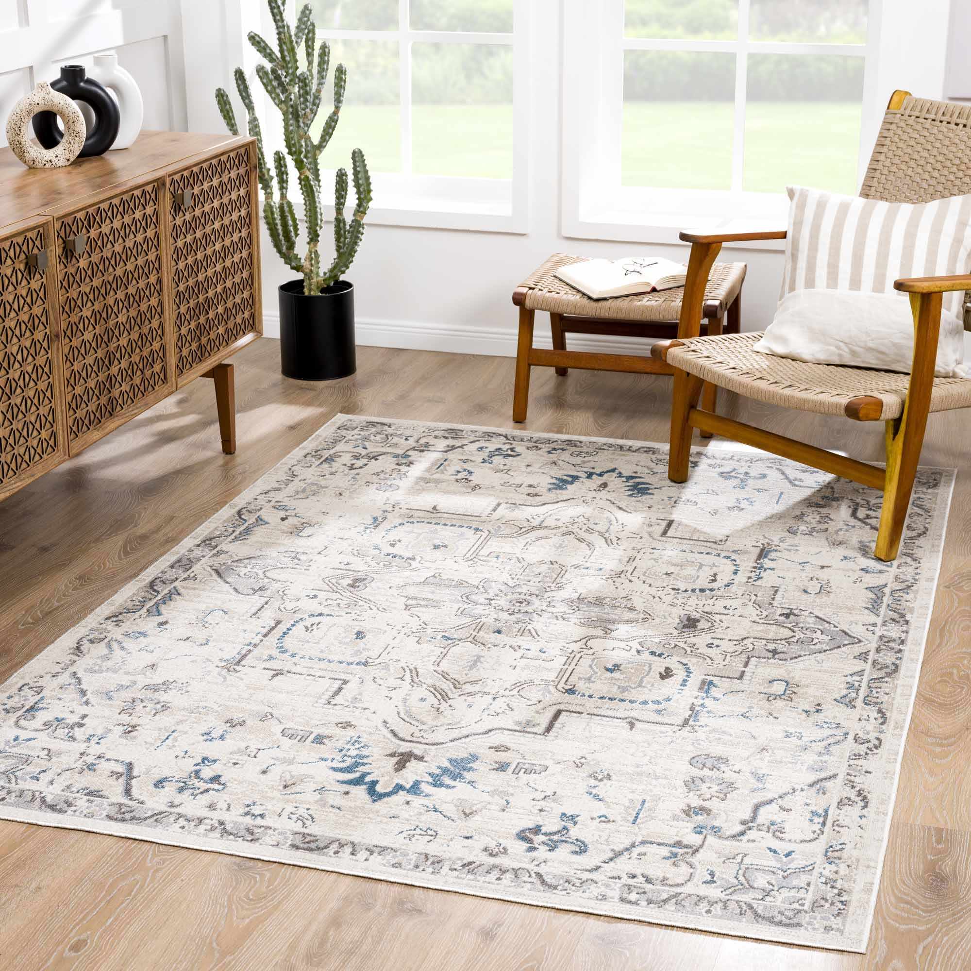 Beige and Taupe Traditional Medallion washable area rug - Image 3