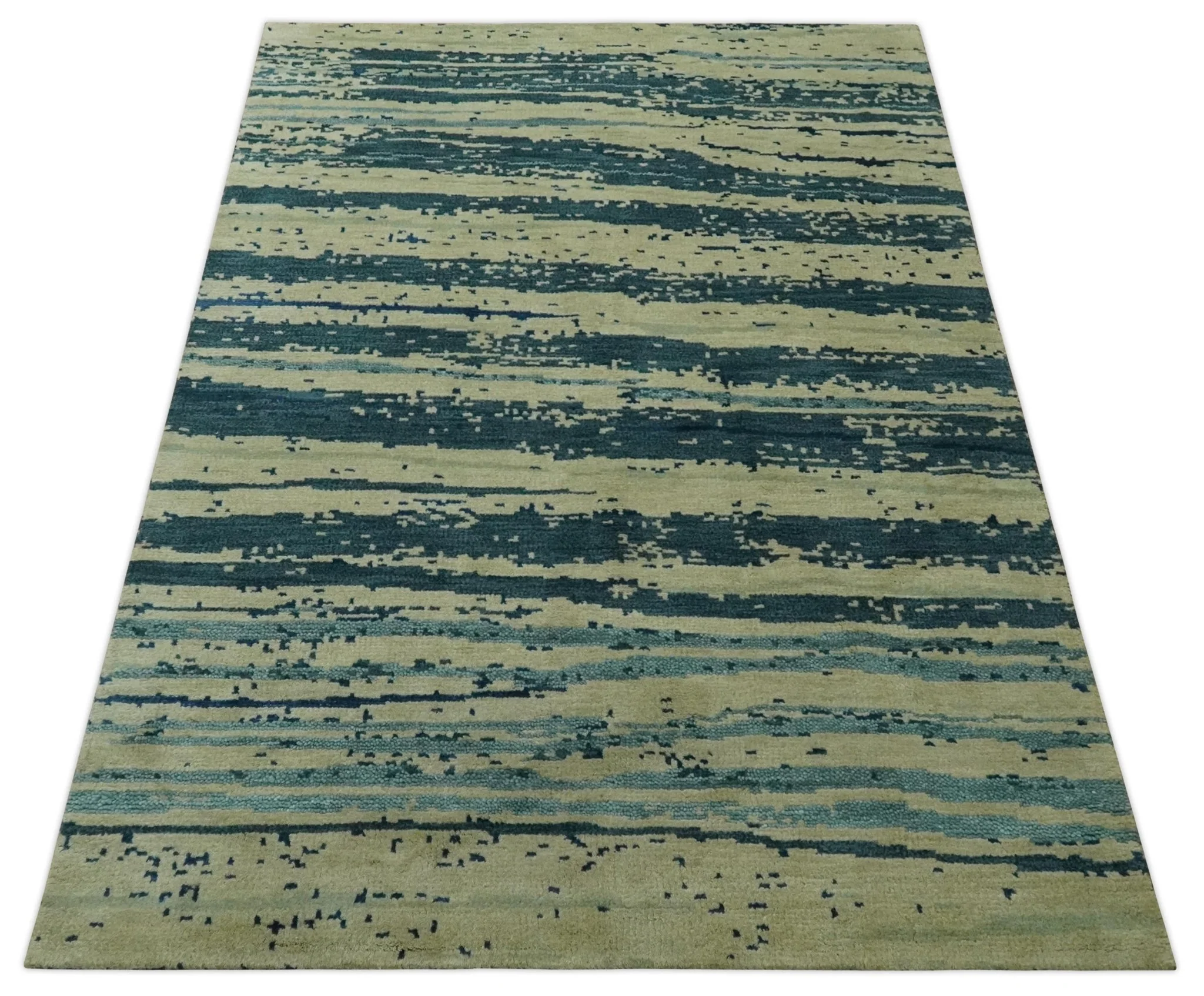Beige and Teal Modern stripes Design Hand Knotted 5x7 wool Area Rug - Image 10