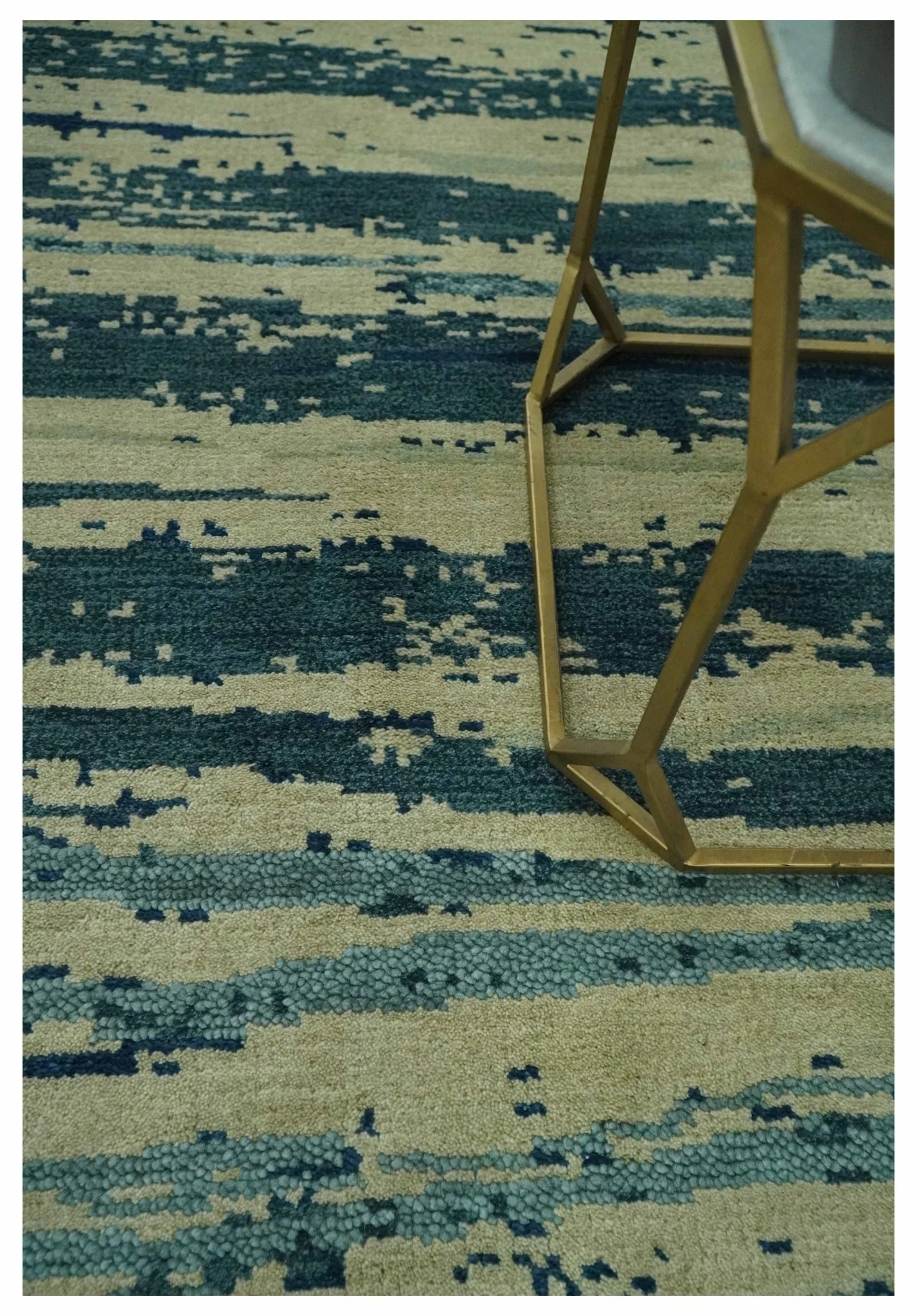 Beige and Teal Modern stripes Design Hand Knotted 5x7 wool Area Rug - Image 2