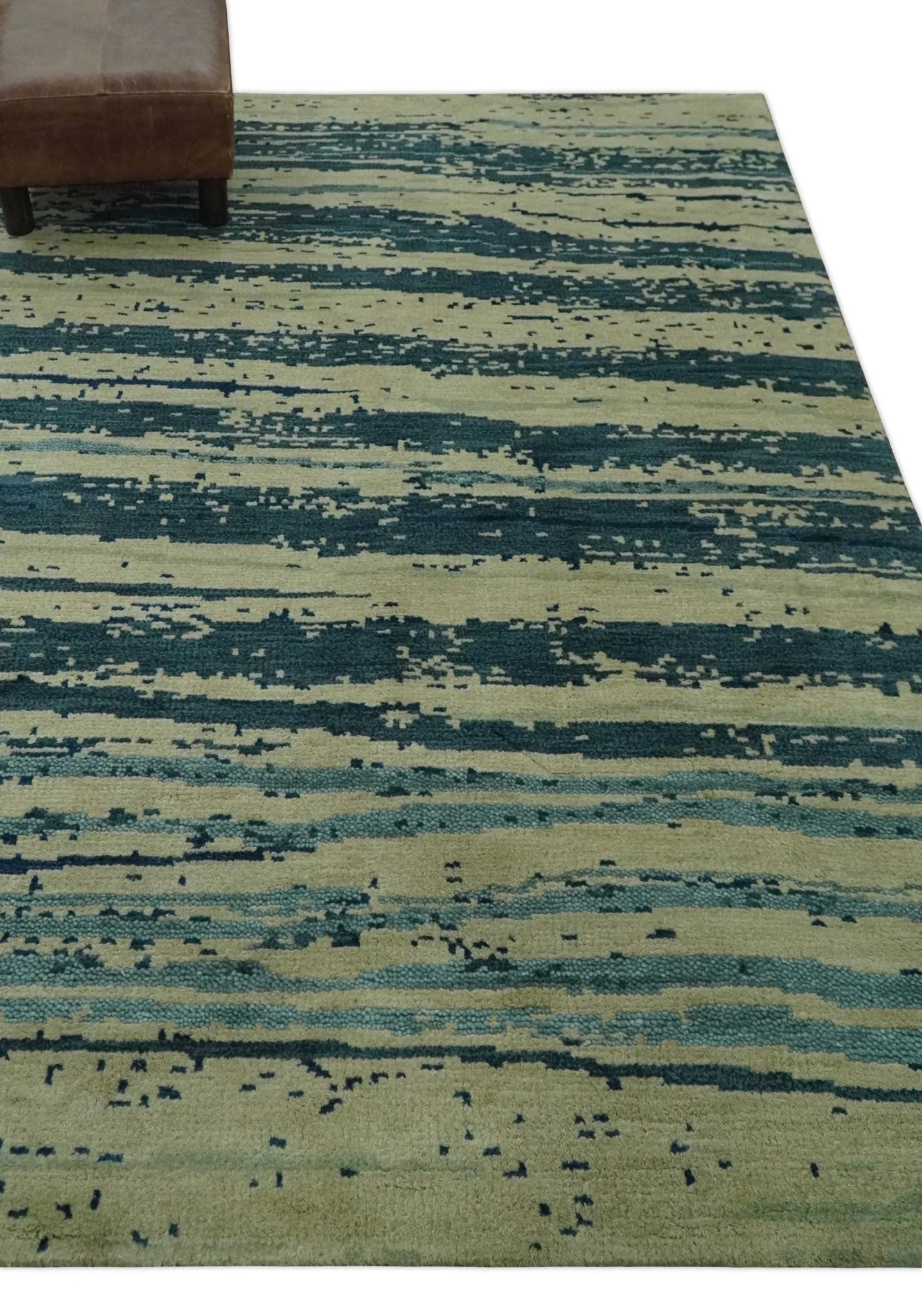 Beige and Teal Modern stripes Design Hand Knotted 5x7 wool Area Rug - Image 3