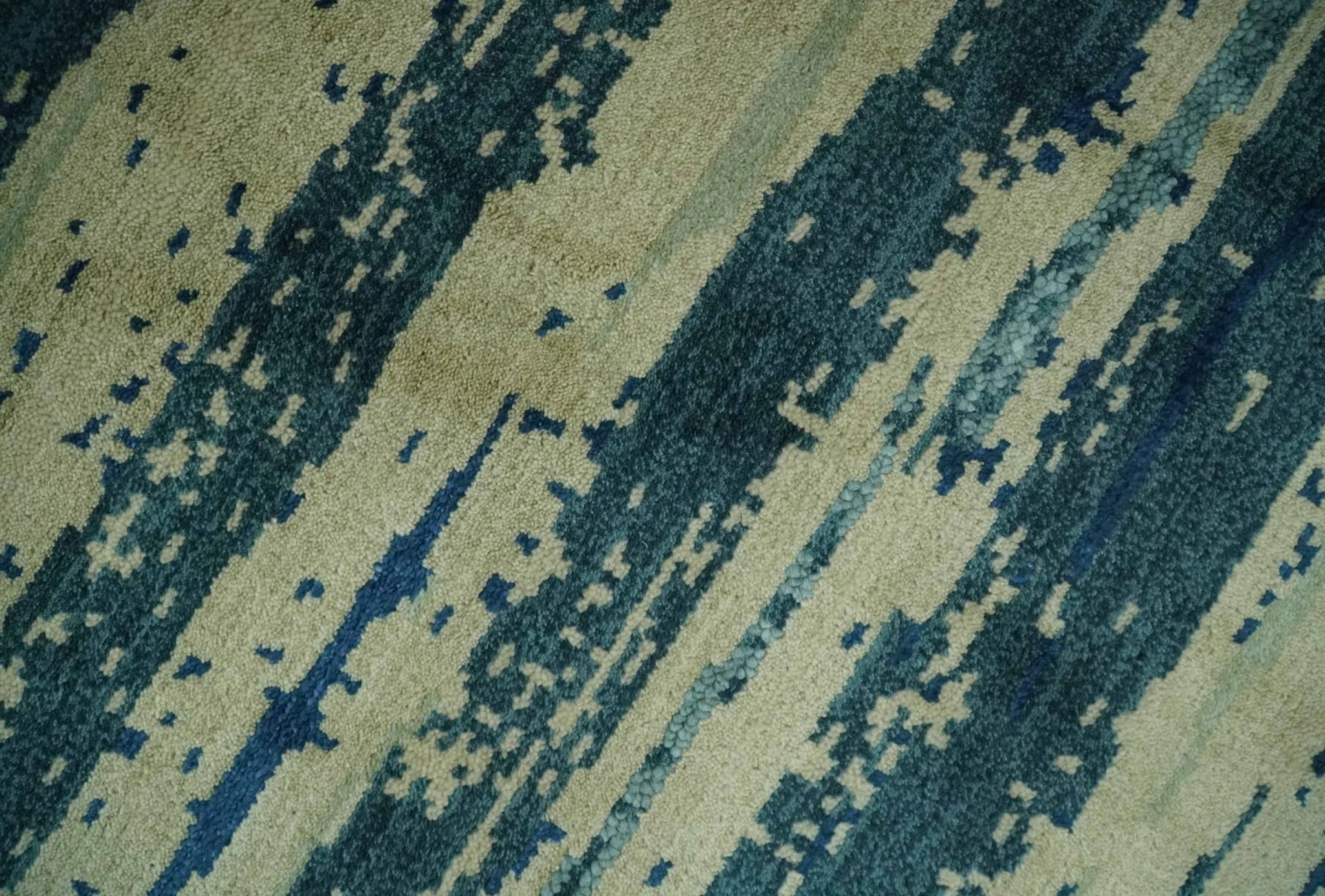 Beige and Teal Modern stripes Design Hand Knotted 5x7 wool Area Rug - Image 4