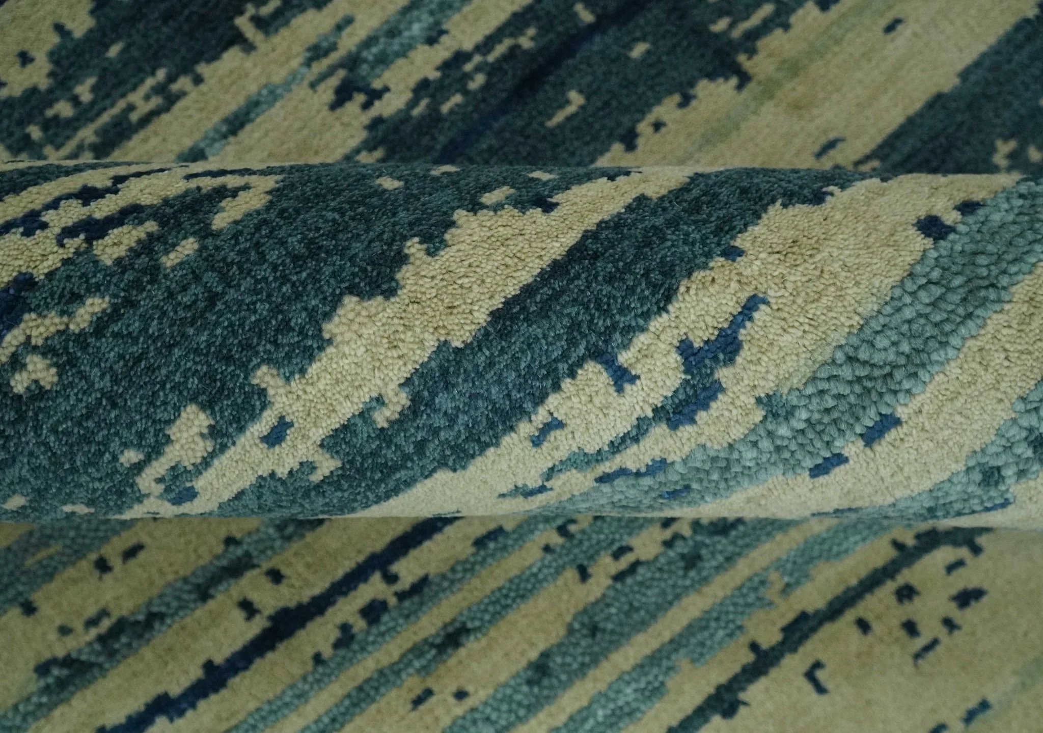 Beige and Teal Modern stripes Design Hand Knotted 5x7 wool Area Rug - Image 6