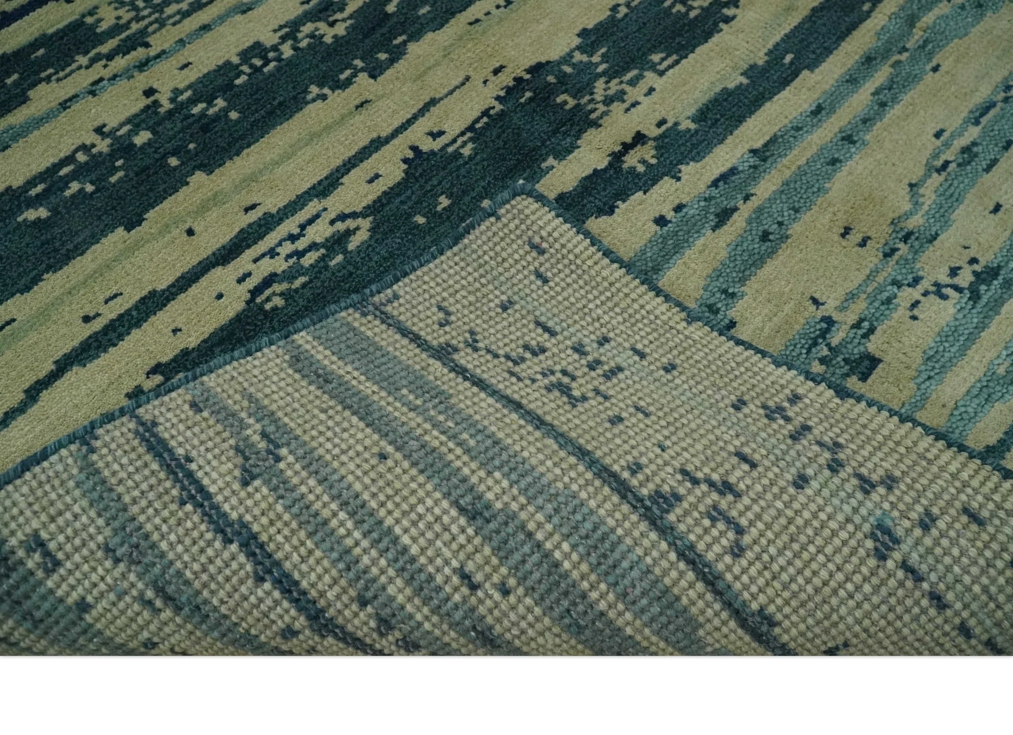 Beige and Teal Modern stripes Design Hand Knotted 5x7 wool Area Rug - Image 7