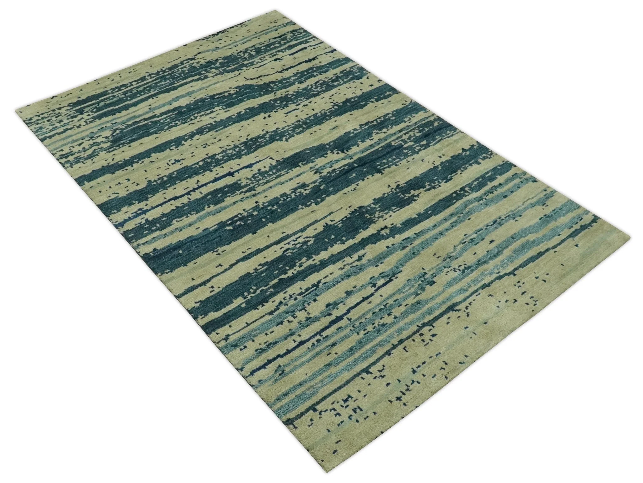 Beige and Teal Modern stripes Design Hand Knotted 5x7 wool Area Rug - Image 9
