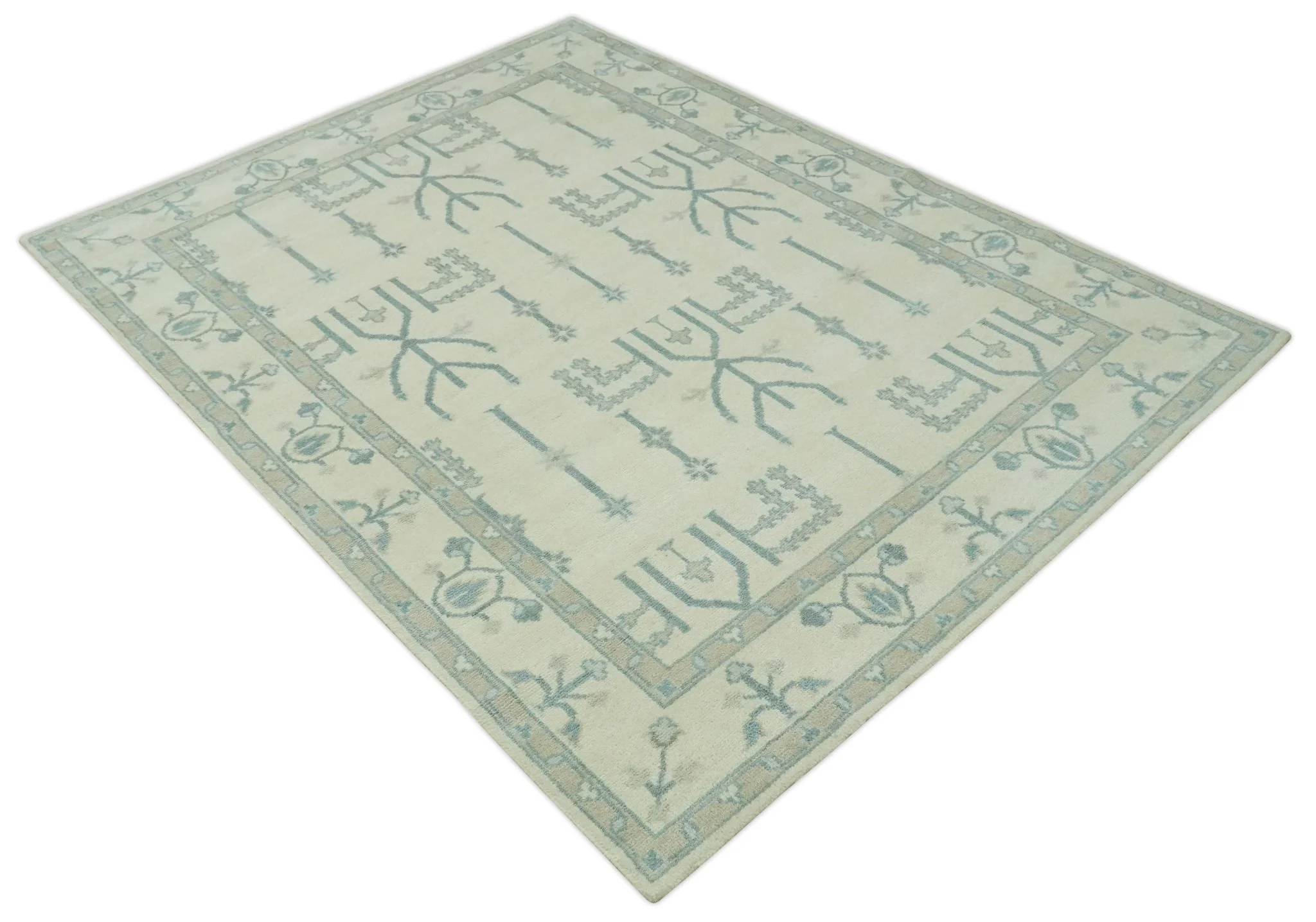 Antique Style Tree of life Beige and Teal Traditional Hand Knotted Custom Made wool Area Rug - Image 10