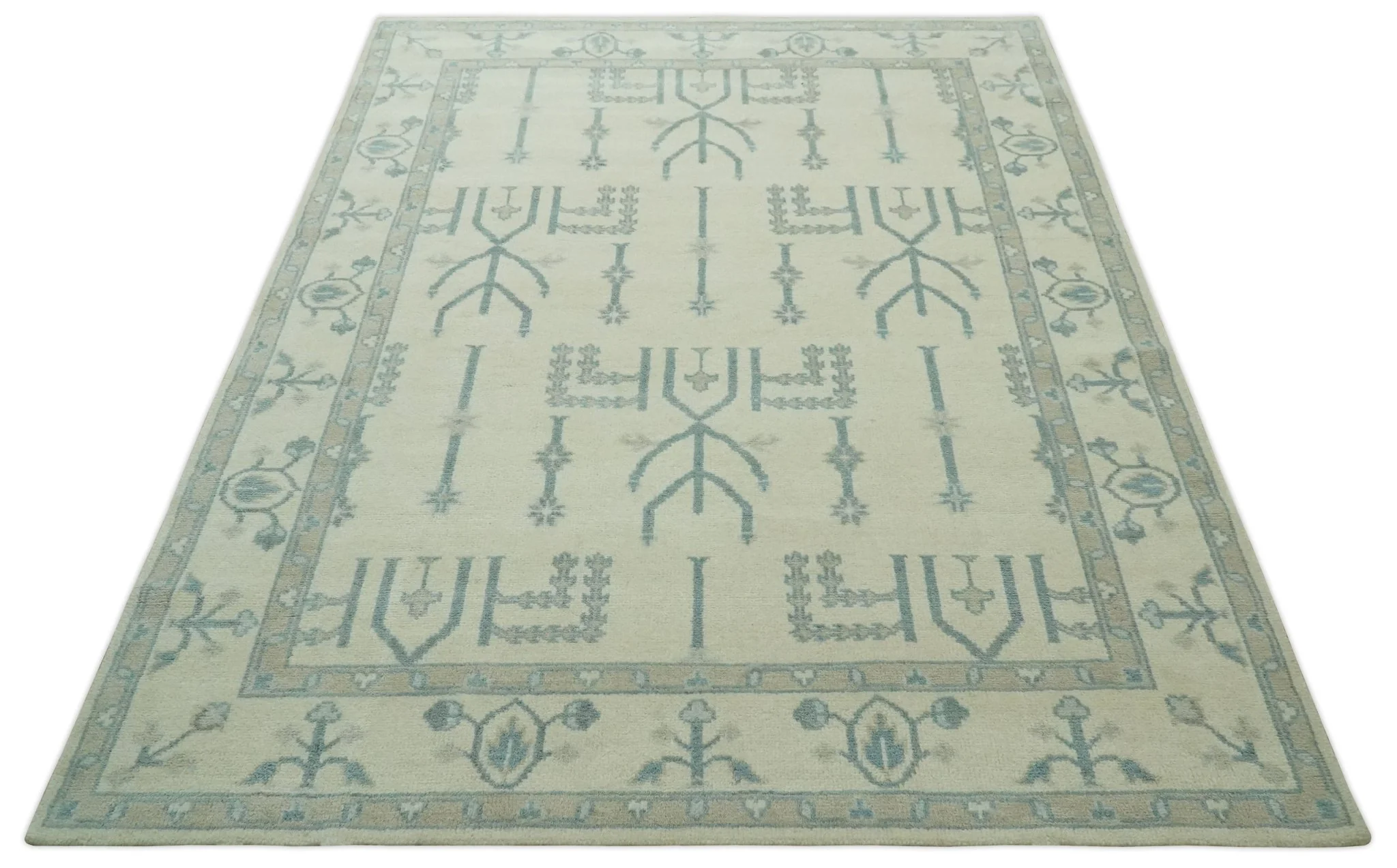 Antique Style Tree of life Beige and Teal Traditional Hand Knotted Custom Made wool Area Rug - Image 11