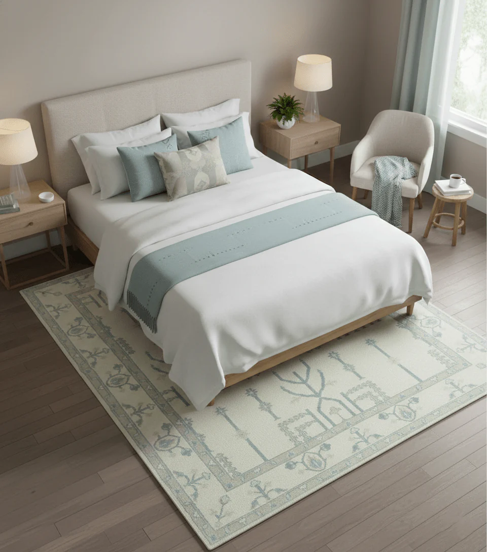 Antique Style Tree of life Beige and Teal Traditional Hand Knotted Custom Made wool Area Rug - Image 2