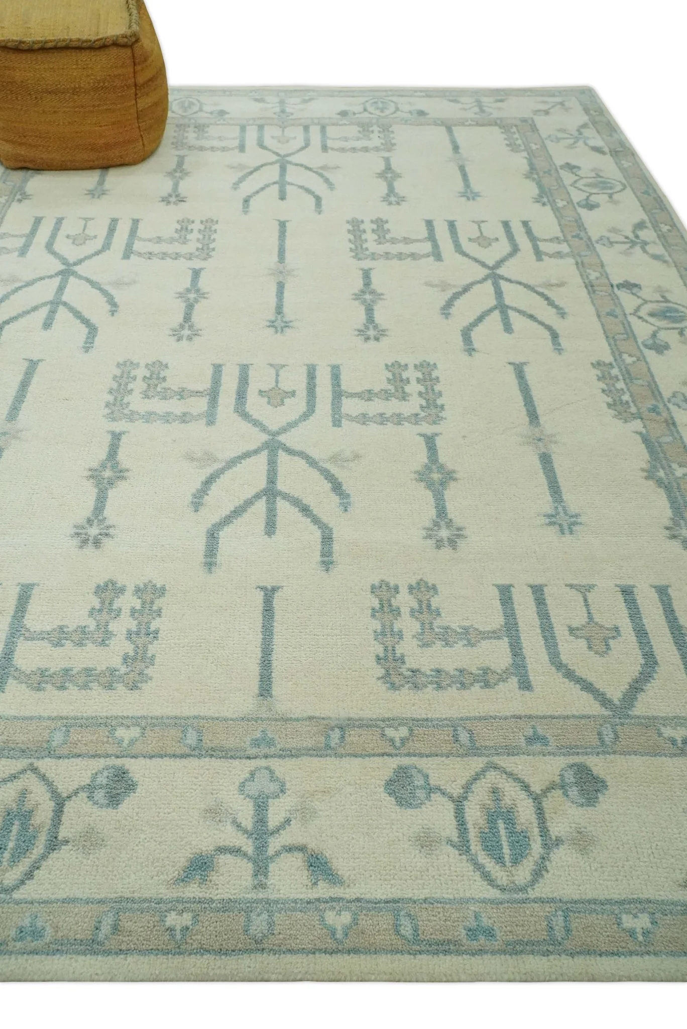 Antique Style Tree of life Beige and Teal Traditional Hand Knotted Custom Made wool Area Rug - Image 4