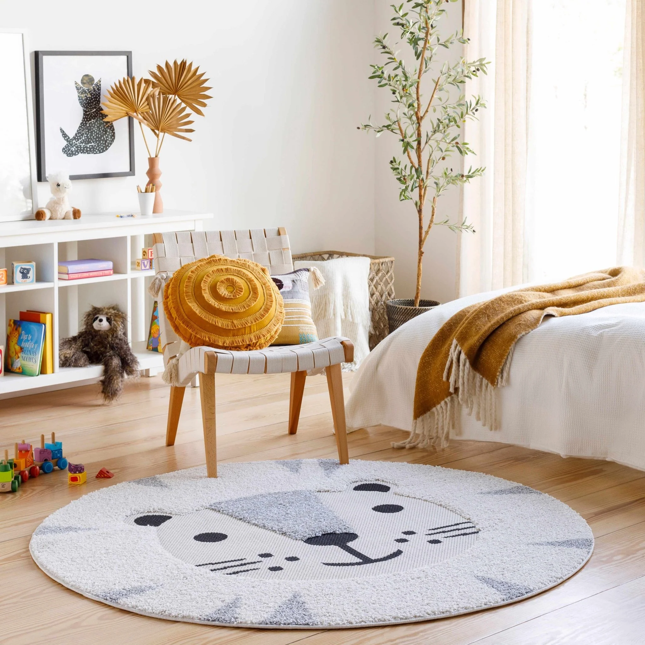 Beige, Black and Gray Kids Lion high low Texture Round Area Rug - Image 4