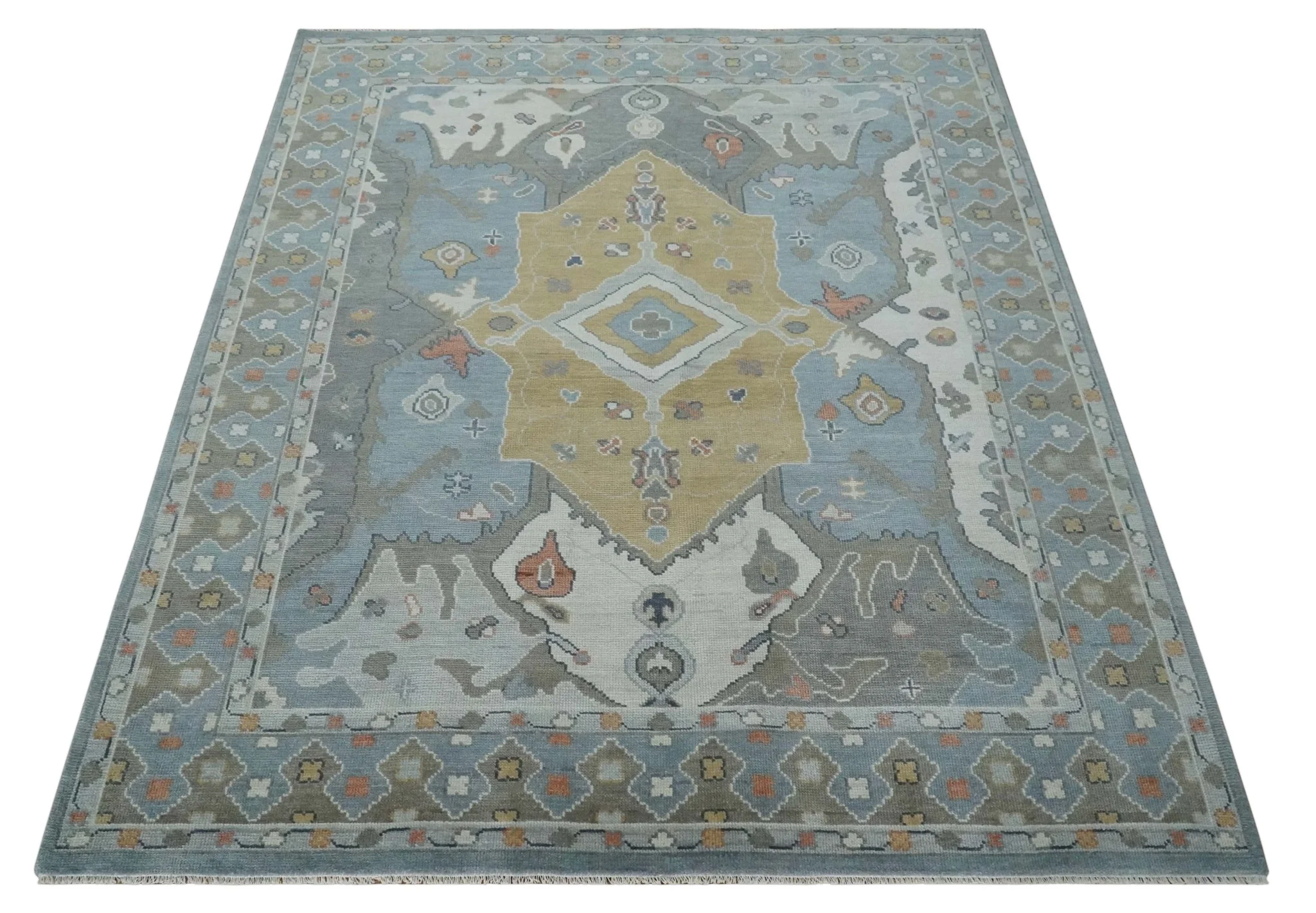 Beige, Blue and Ivory Hand Knotted Traditional Wool Area Rug - Image 10