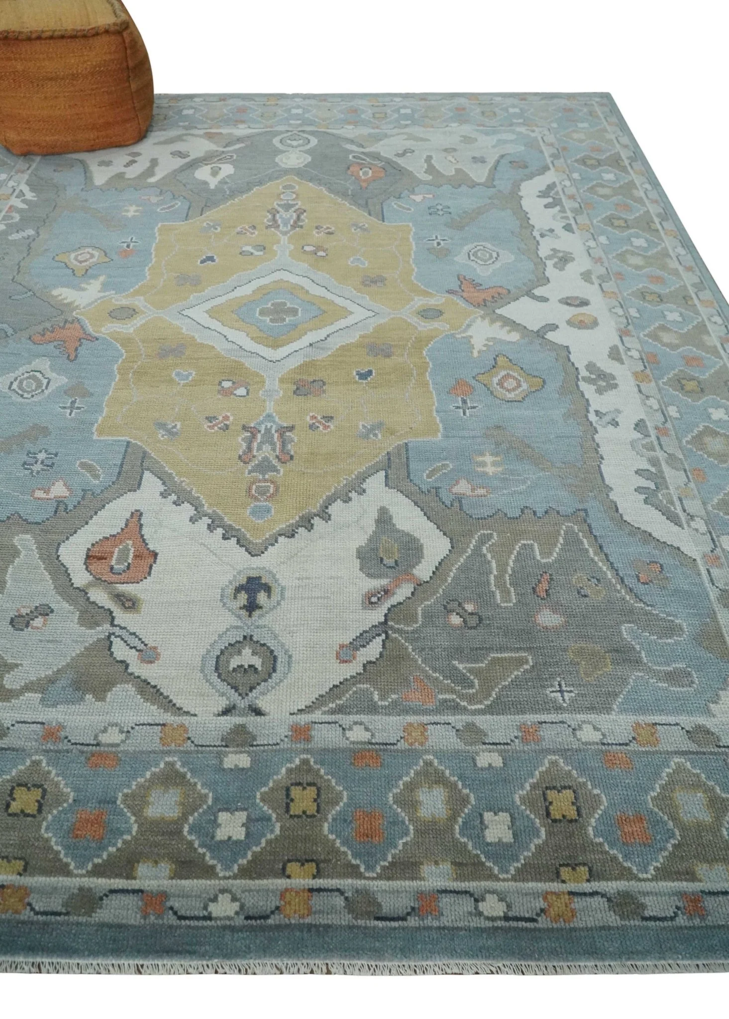 Beige, Blue and Ivory Hand Knotted Traditional Wool Area Rug - Image 3