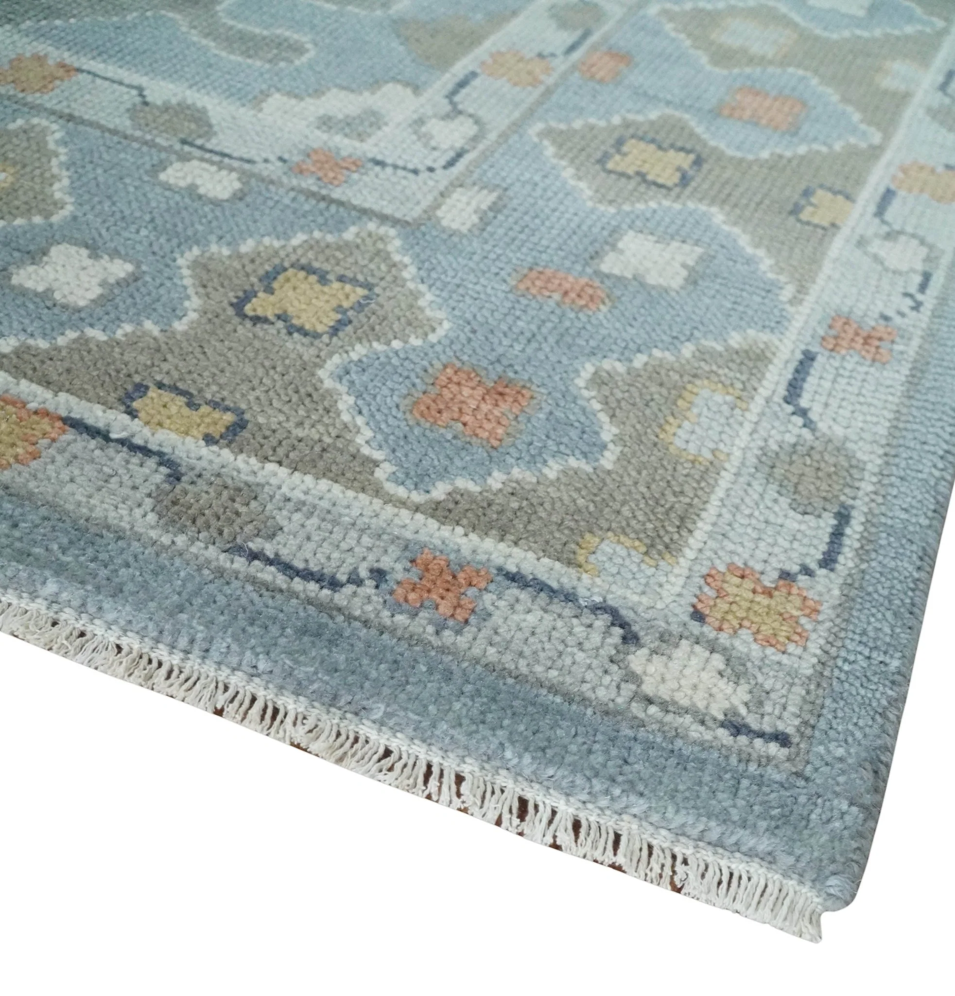 Beige, Blue and Ivory Hand Knotted Traditional Wool Area Rug - Image 5
