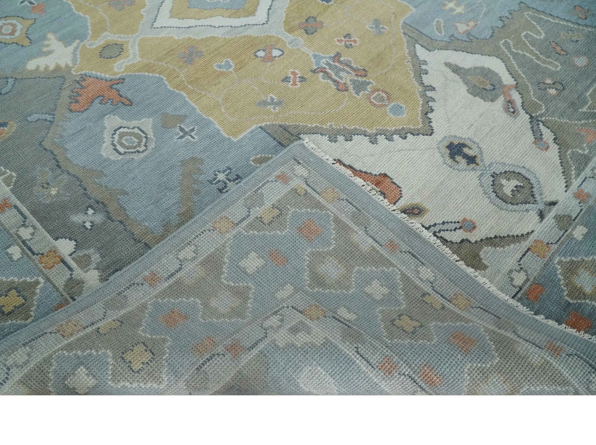 Beige, Blue and Ivory Hand Knotted Traditional Wool Area Rug - Image 7