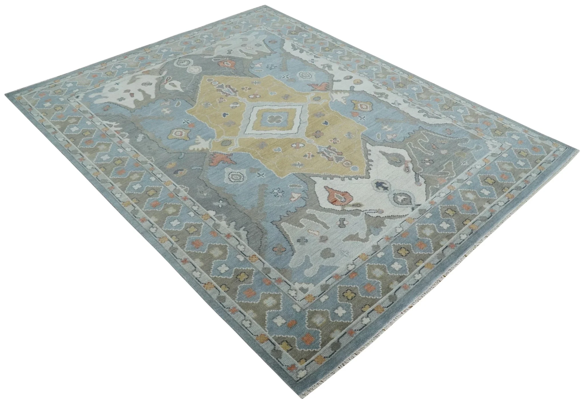 Beige, Blue and Ivory Hand Knotted Traditional Wool Area Rug - Image 9