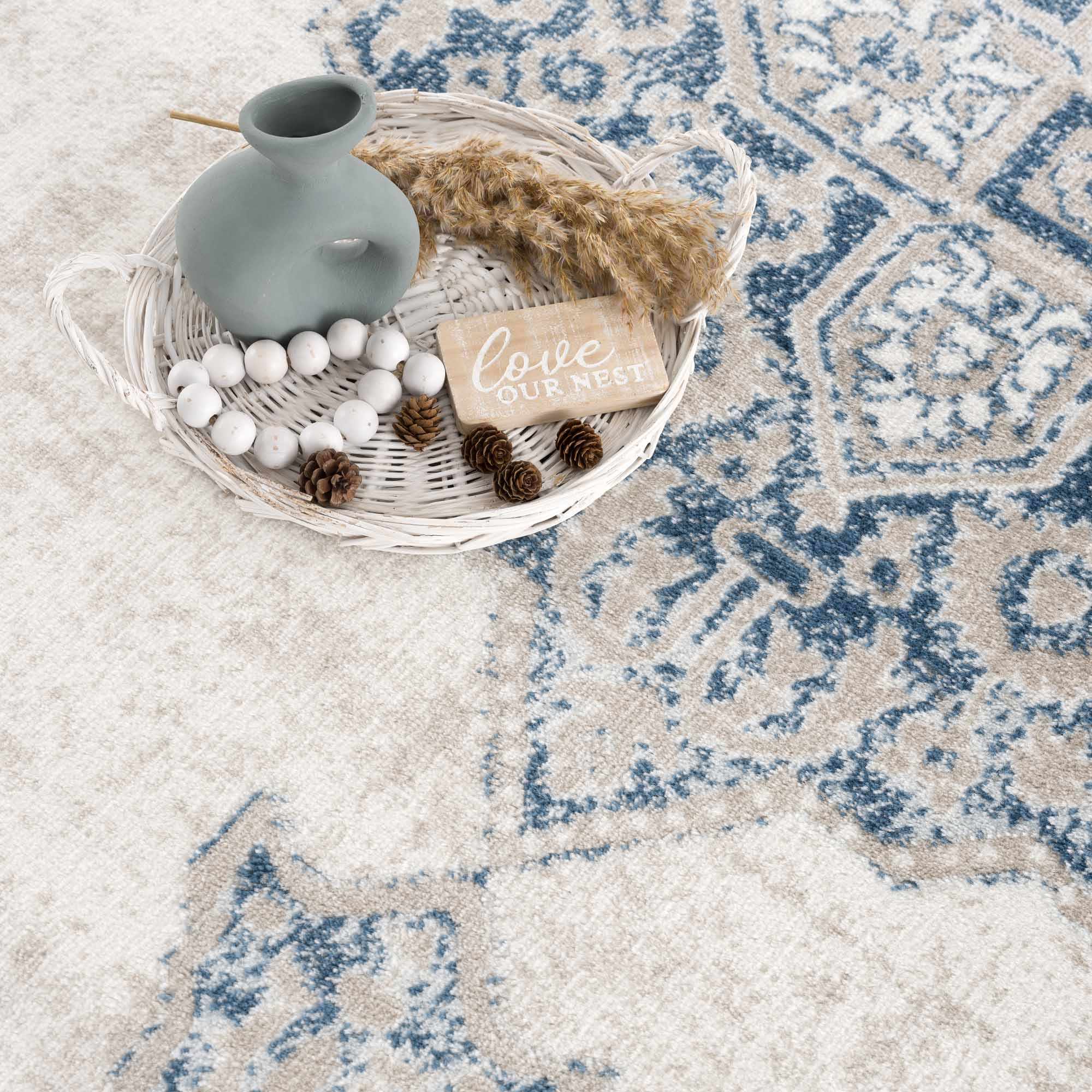 Antique look Beige, Blue and Ivory Traditional Heriz Design Medallion Turkish Area Rug - Image 13