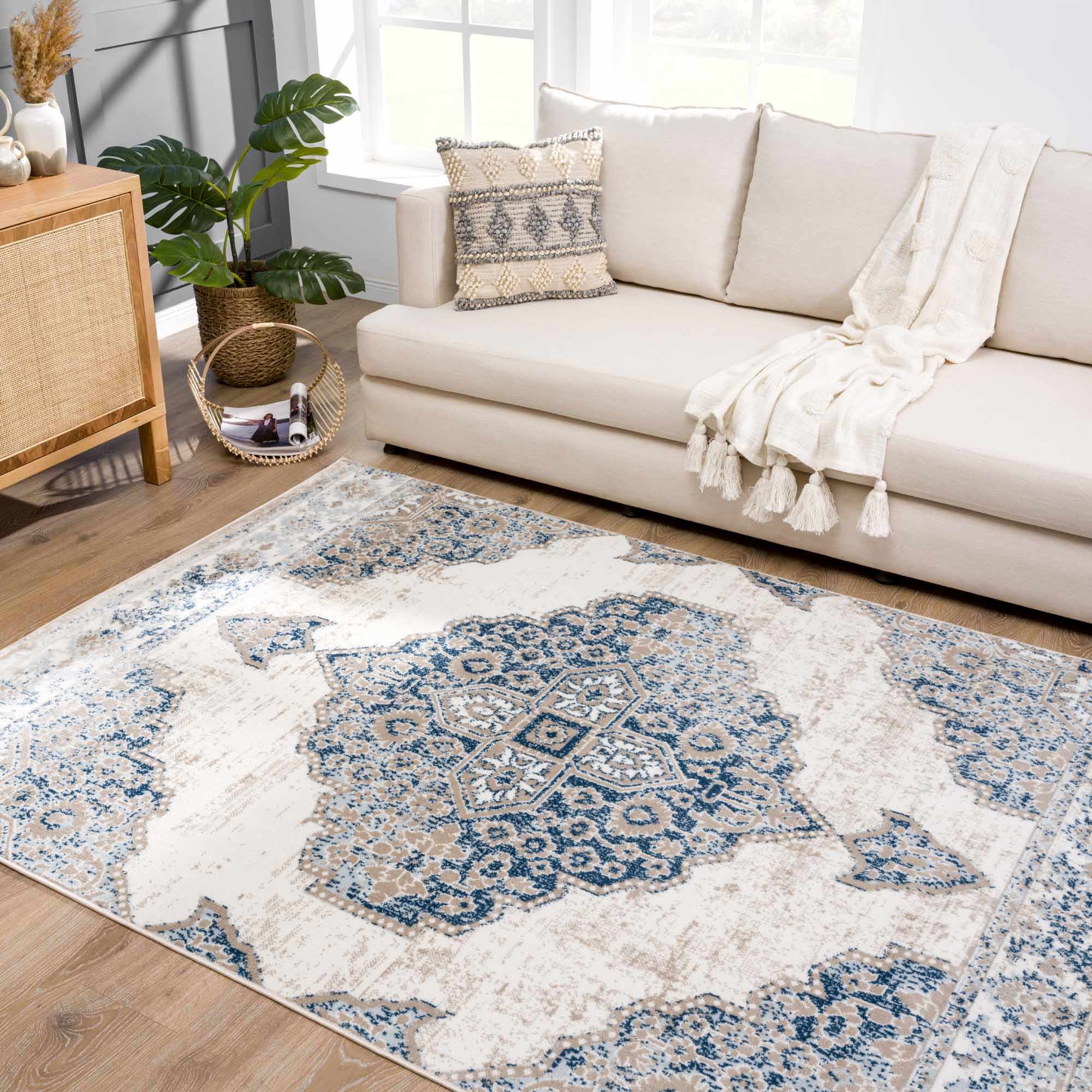 Antique look Beige, Blue and Ivory Traditional Heriz Design Medallion Turkish Area Rug - Image 14