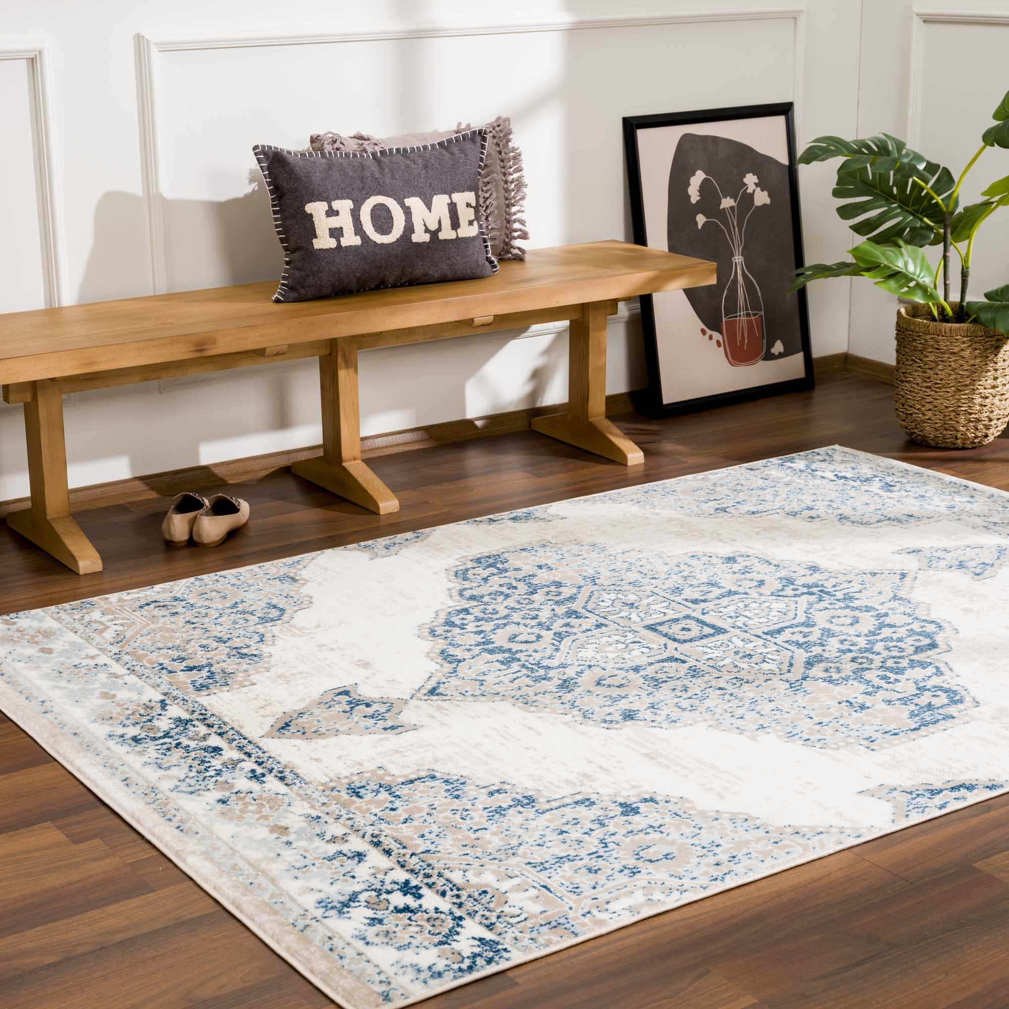 Antique look Beige, Blue and Ivory Traditional Heriz Design Medallion Turkish Area Rug - Image 15