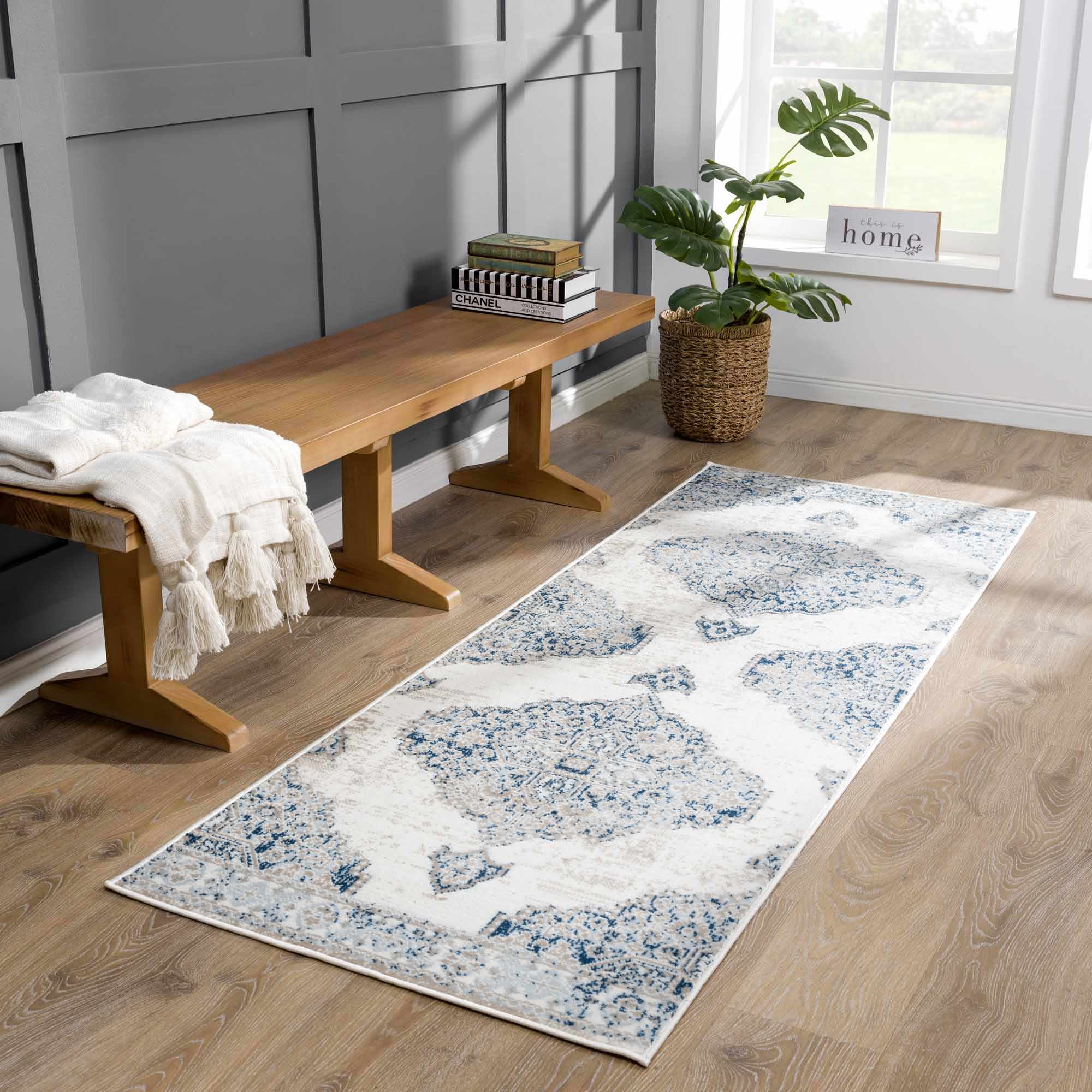 Antique look Beige, Blue and Ivory Traditional Heriz Design Medallion Turkish Area Rug - Image 3