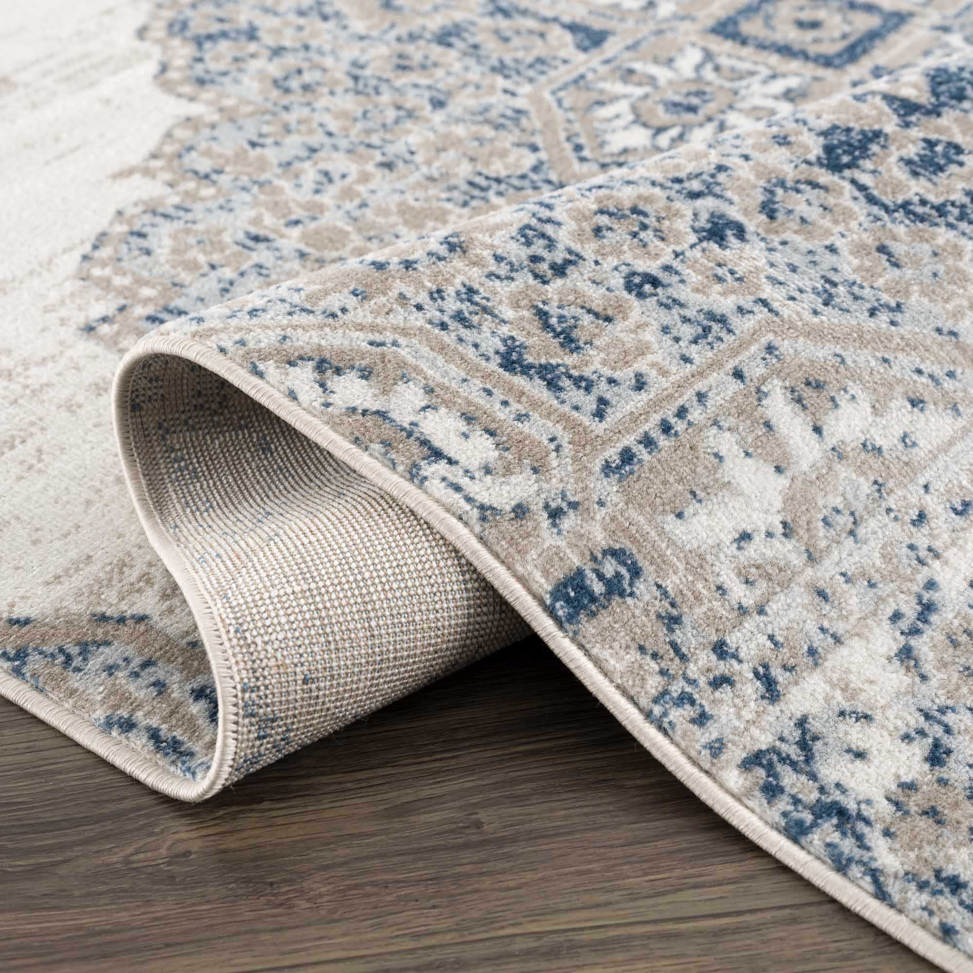 Antique look Beige, Blue and Ivory Traditional Heriz Design Medallion Turkish Area Rug - Image 9