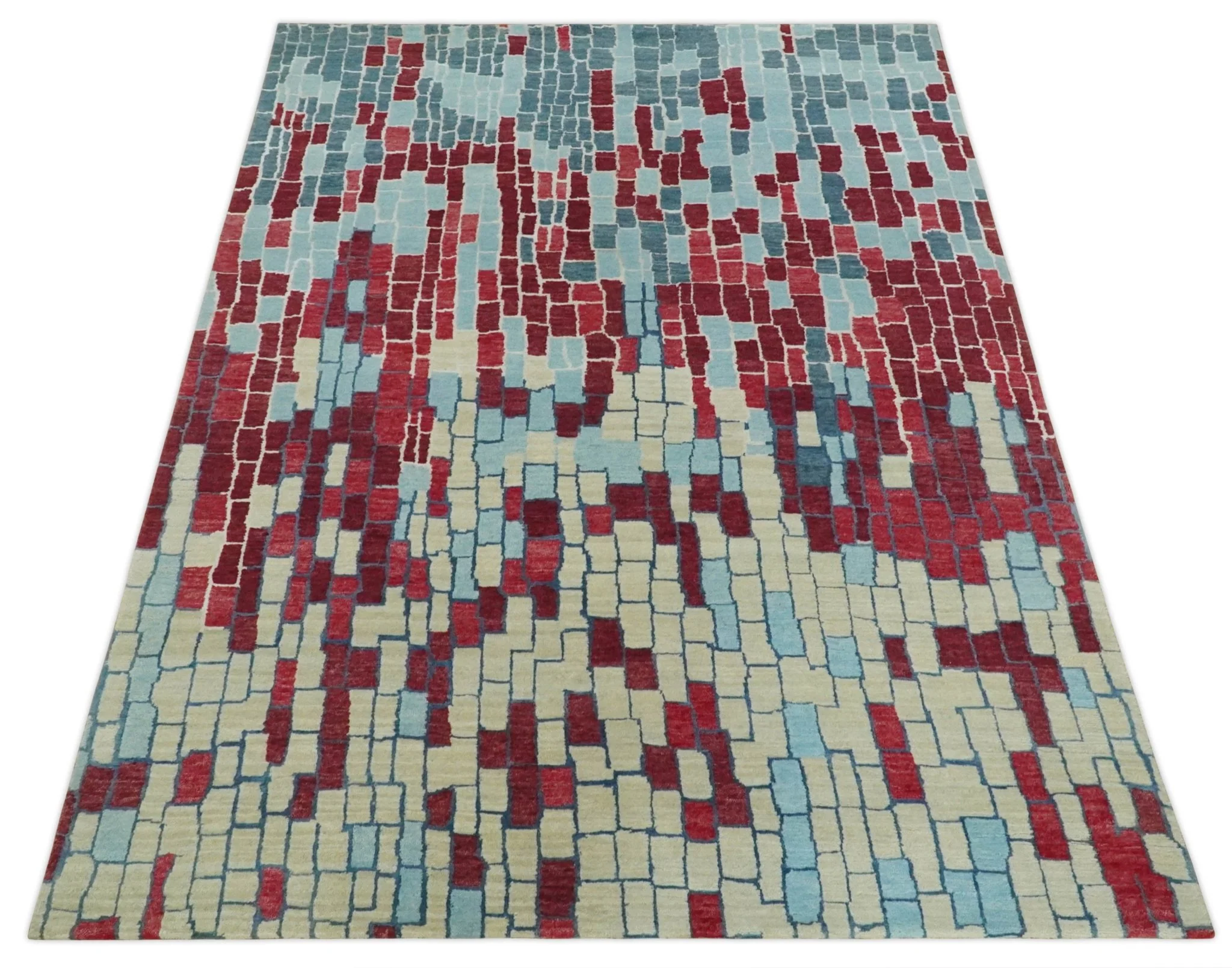 Beige, Blue and Maroon 5x7.6 Modern tiles Pattern Handloom Wool and Art Silk Area Rug - Image 10