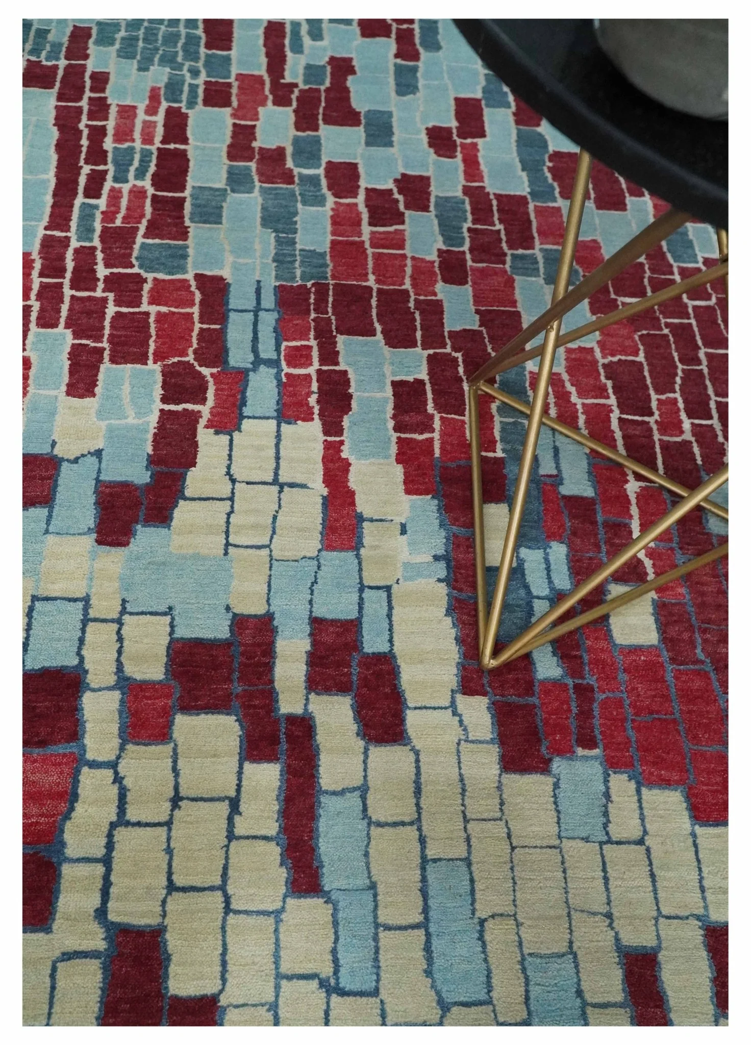 Beige, Blue and Maroon 5x7.6 Modern tiles Pattern Handloom Wool and Art Silk Area Rug - Image 2