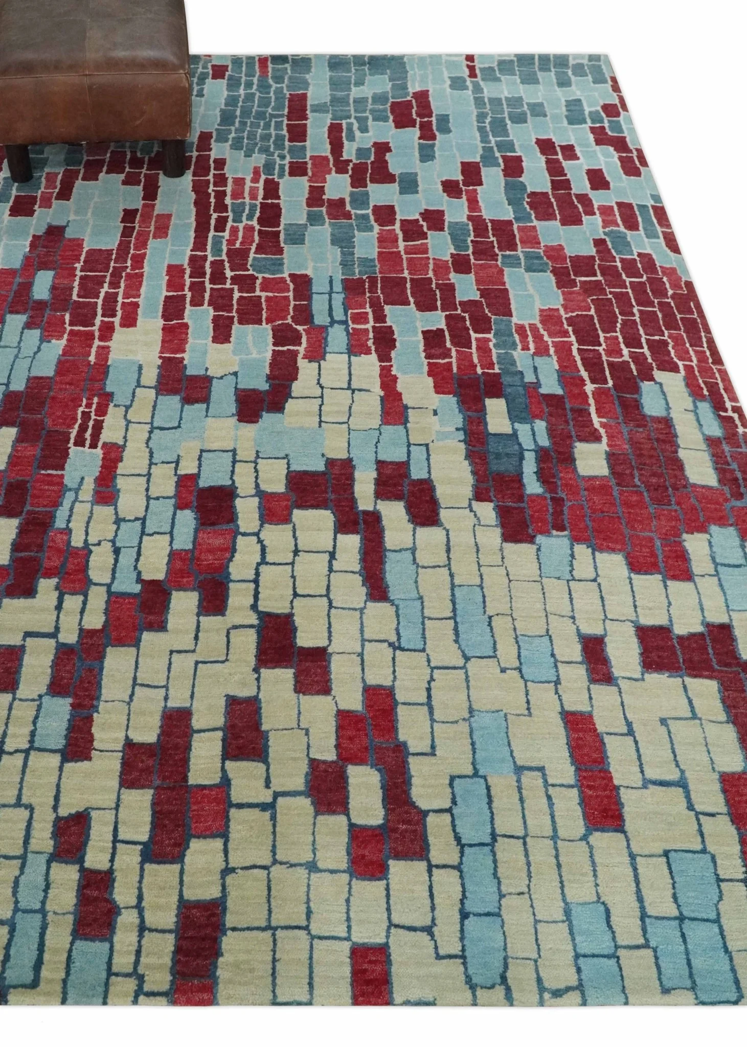 Beige, Blue and Maroon 5x7.6 Modern tiles Pattern Handloom Wool and Art Silk Area Rug - Image 3