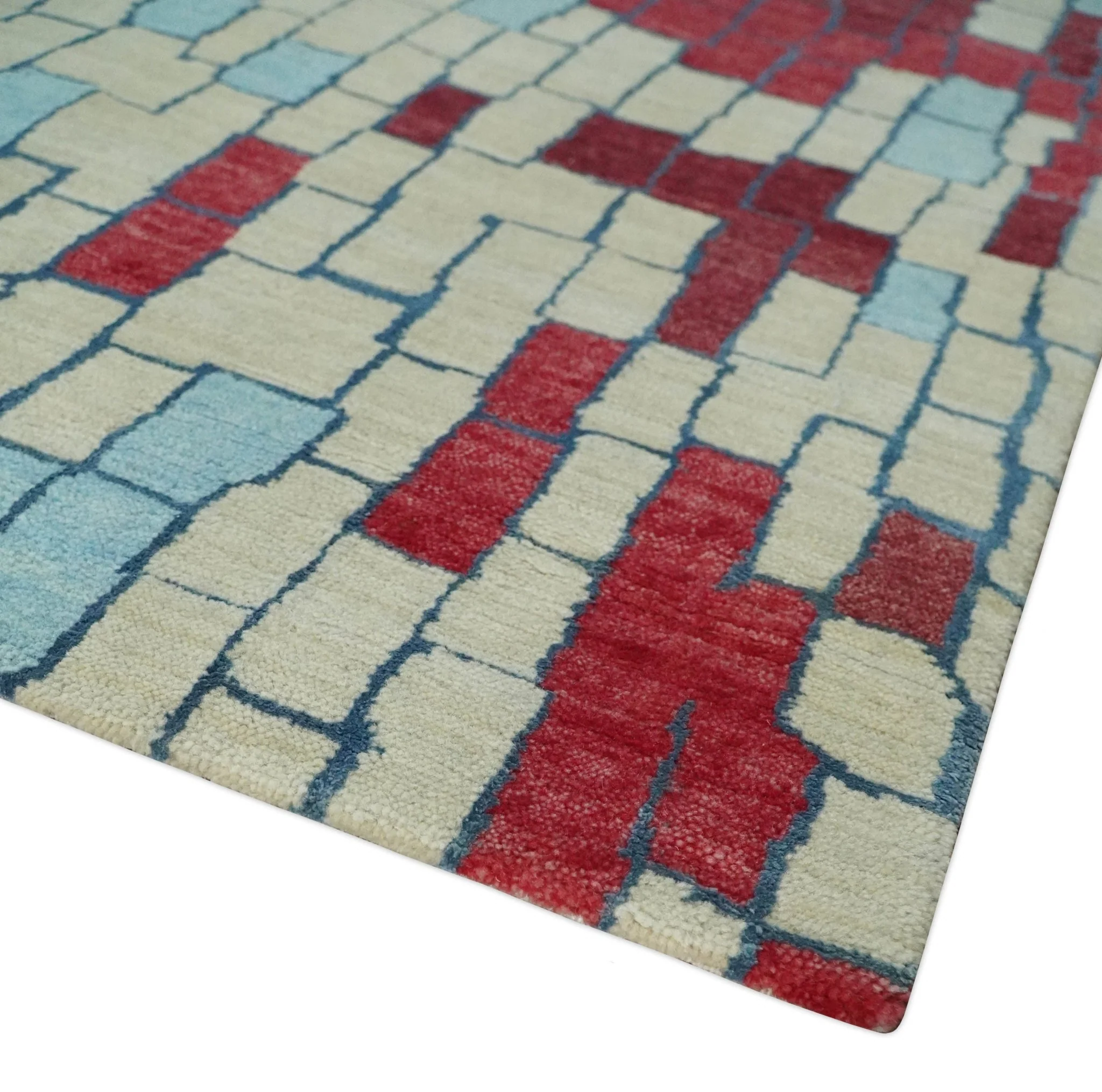 Beige, Blue and Maroon 5x7.6 Modern tiles Pattern Handloom Wool and Art Silk Area Rug - Image 5