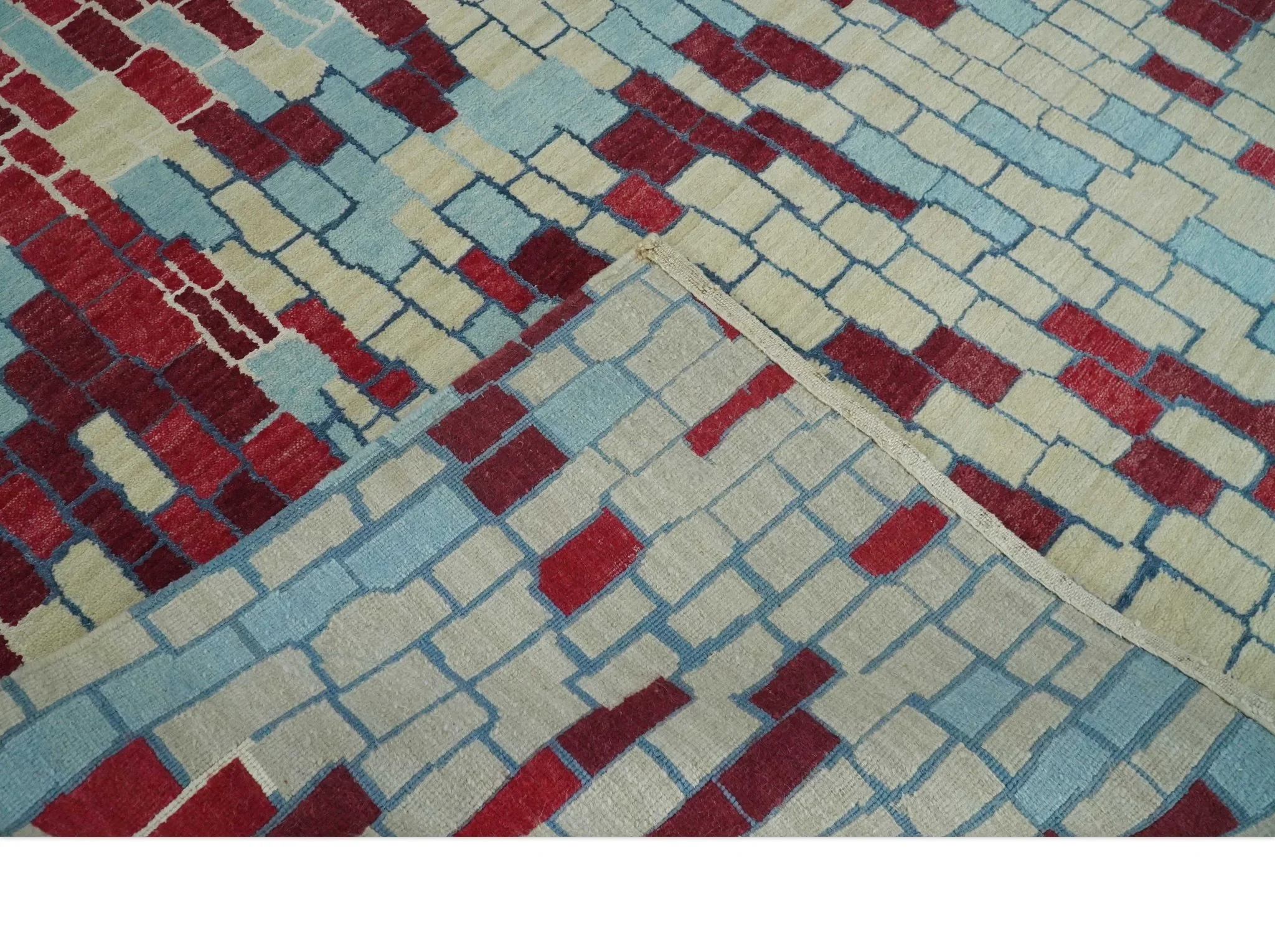 Beige, Blue and Maroon 5x7.6 Modern tiles Pattern Handloom Wool and Art Silk Area Rug - Image 6