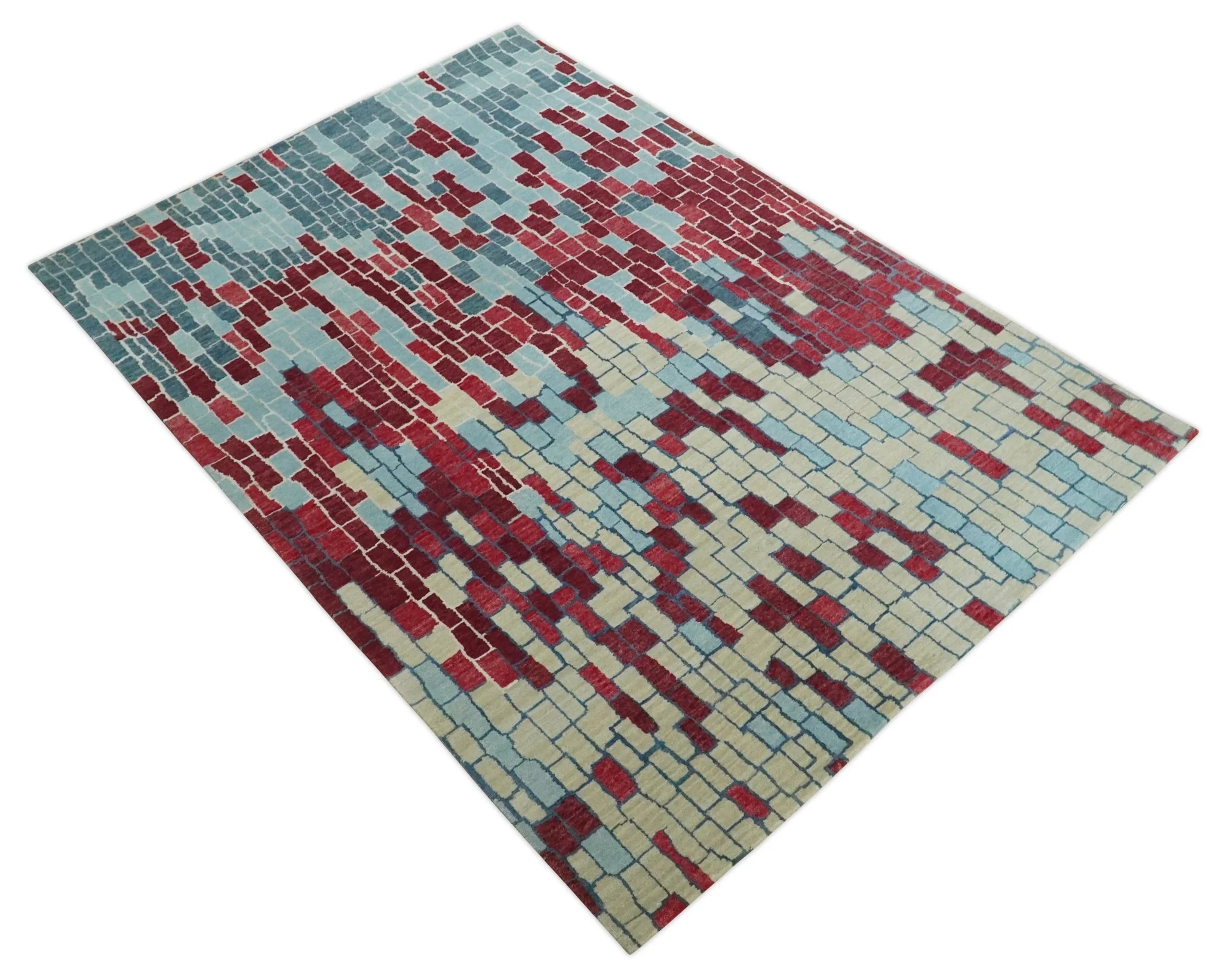 Beige, Blue and Maroon 5x7.6 Modern tiles Pattern Handloom Wool and Art Silk Area Rug - Image 9