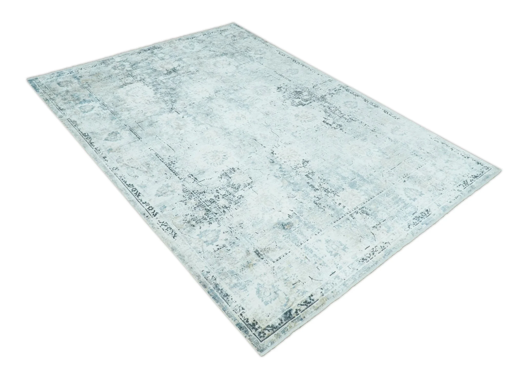 Ivory, Silver, Blue and Beige Finish, Vintage Design , Modern Abstract Art Silk Area Rug, Living Room Rug | TRDMM5 - Image 10
