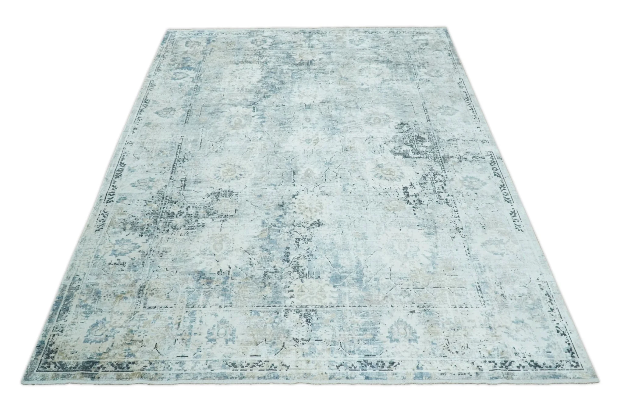 Ivory, Silver, Blue and Beige Finish, Vintage Design , Modern Abstract Art Silk Area Rug, Living Room Rug | TRDMM5 - Image 11