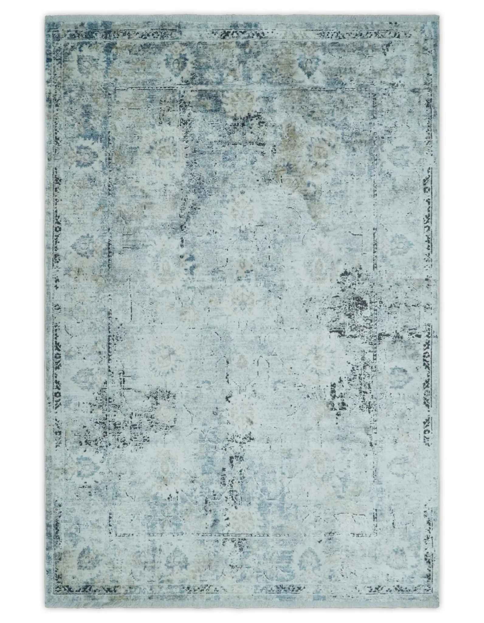 Ivory, Silver, Blue and Beige Finish, Vintage Design , Modern Abstract Art Silk Area Rug, Living Room Rug | TRDMM5 - Image 12
