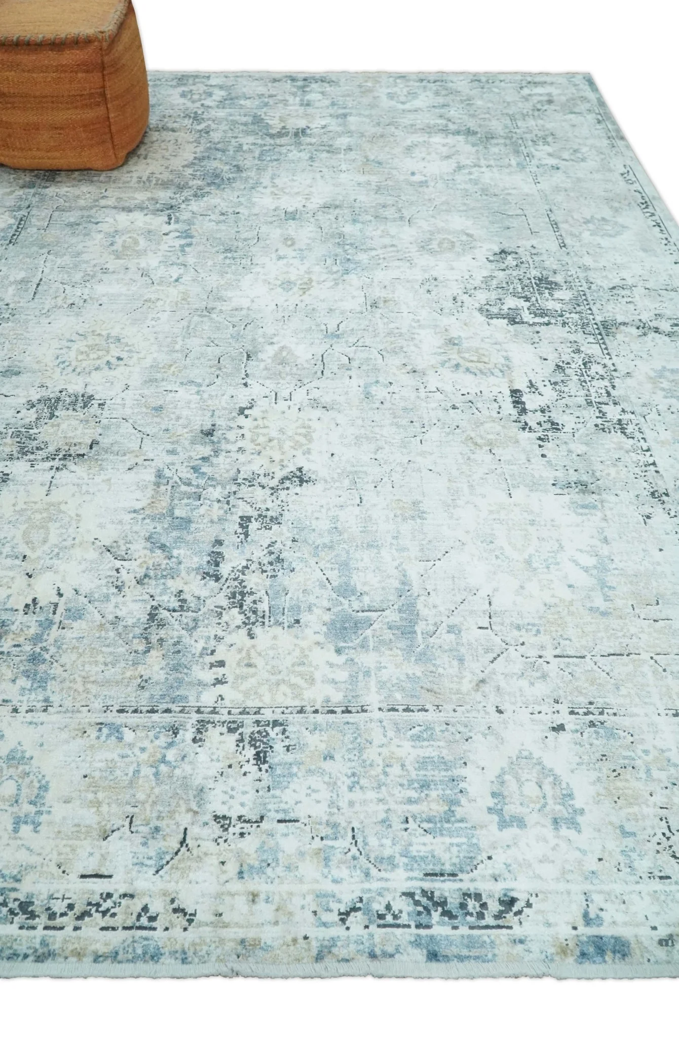 Ivory, Silver, Blue and Beige Finish, Vintage Design , Modern Abstract Art Silk Area Rug, Living Room Rug | TRDMM5 - Image 3