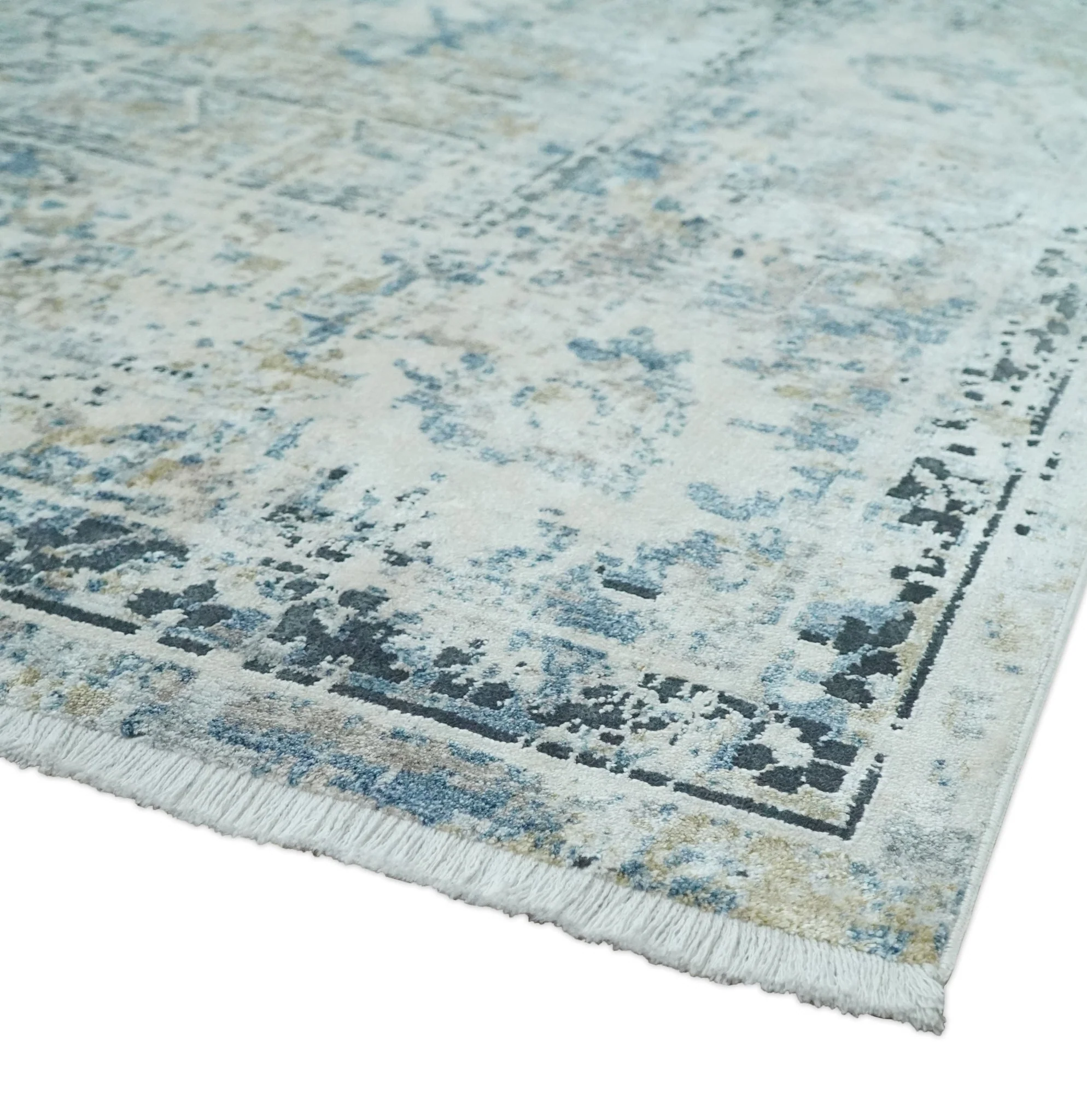 Ivory, Silver, Blue and Beige Finish, Vintage Design , Modern Abstract Art Silk Area Rug, Living Room Rug | TRDMM5 - Image 5