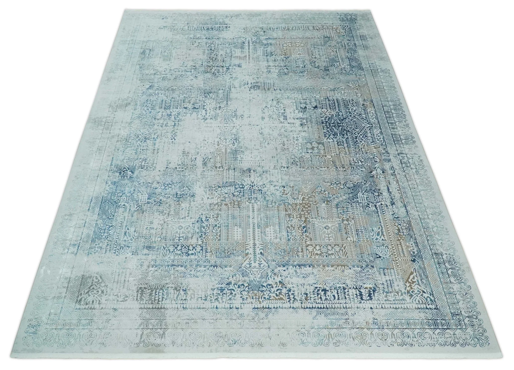 Silver, Blue and Olive Antique Finish, Vintage look, Art Silk Area Rug, Living Room Rug | TRDMM3 - Image 10