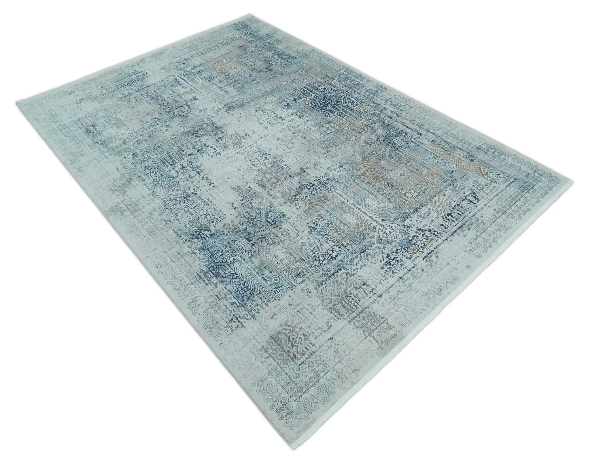 Silver, Blue and Olive Antique Finish, Vintage look, Art Silk Area Rug, Living Room Rug | TRDMM3 - Image 11