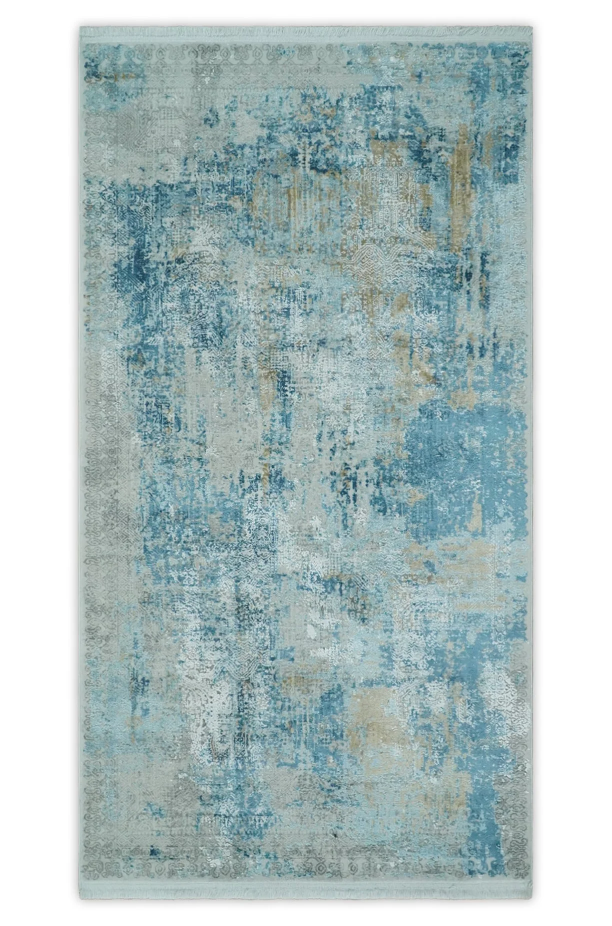 Silver, Blue and Olive Antique Finish, Vintage look, Art Silk Area Rug, Living Room Rug | TRDMM3 - Image 12