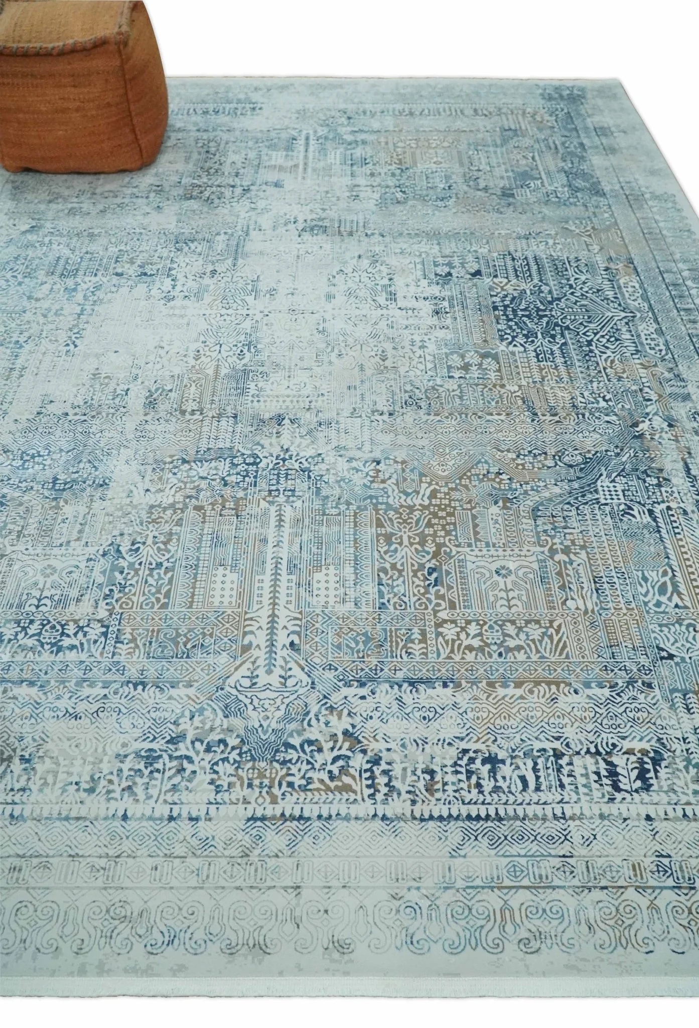 Silver, Blue and Olive Antique Finish, Vintage look, Art Silk Area Rug, Living Room Rug | TRDMM3 - Image 3